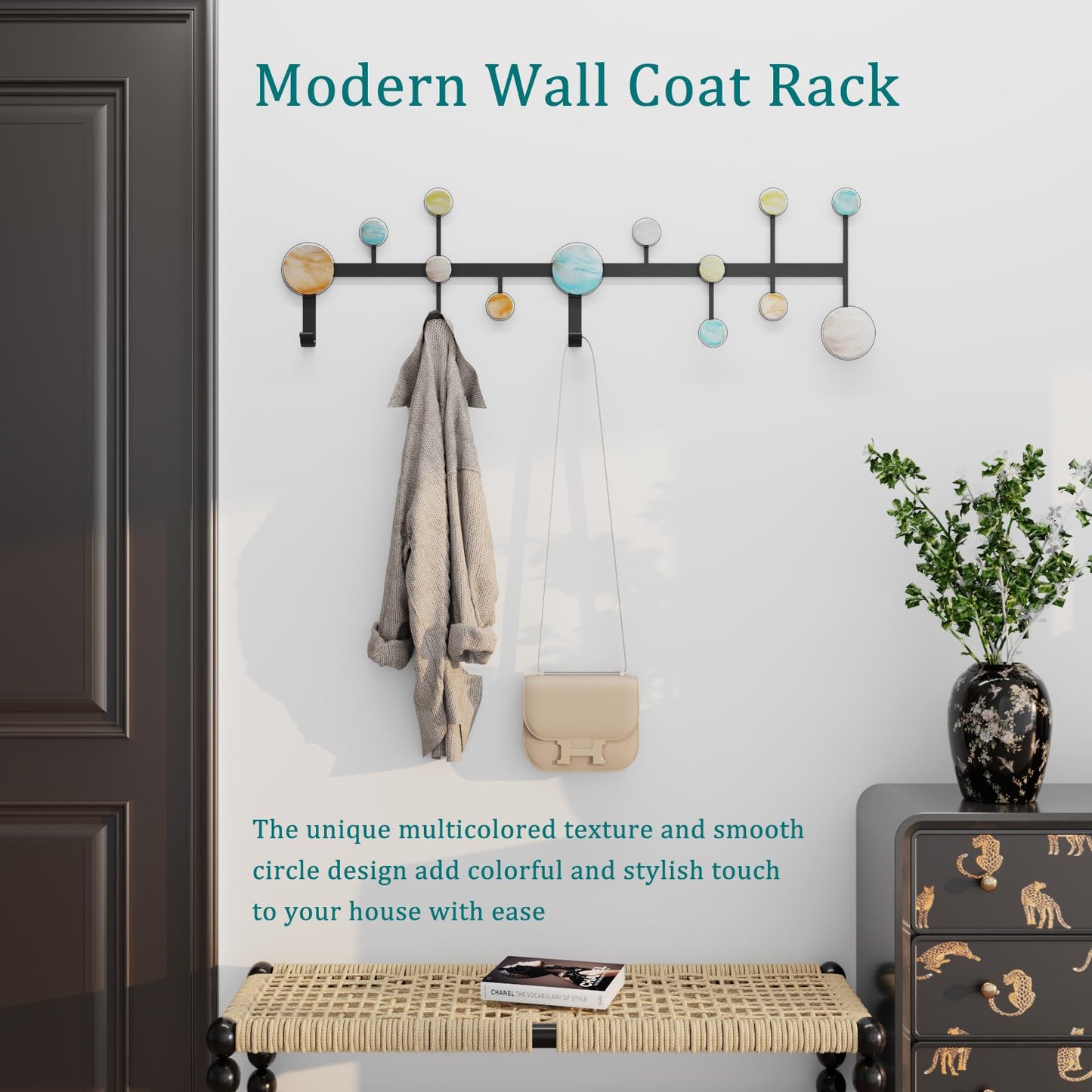 AROCUSHI 25.5" Wall Mounted Coat Rack with 5 Hooks-Modern Metal Wall Decoration Organizer，Black Matte Finish with Shell Decor, Heavy Duty Hanging Hooks (Includes Mounting Hardware & Adhesive)