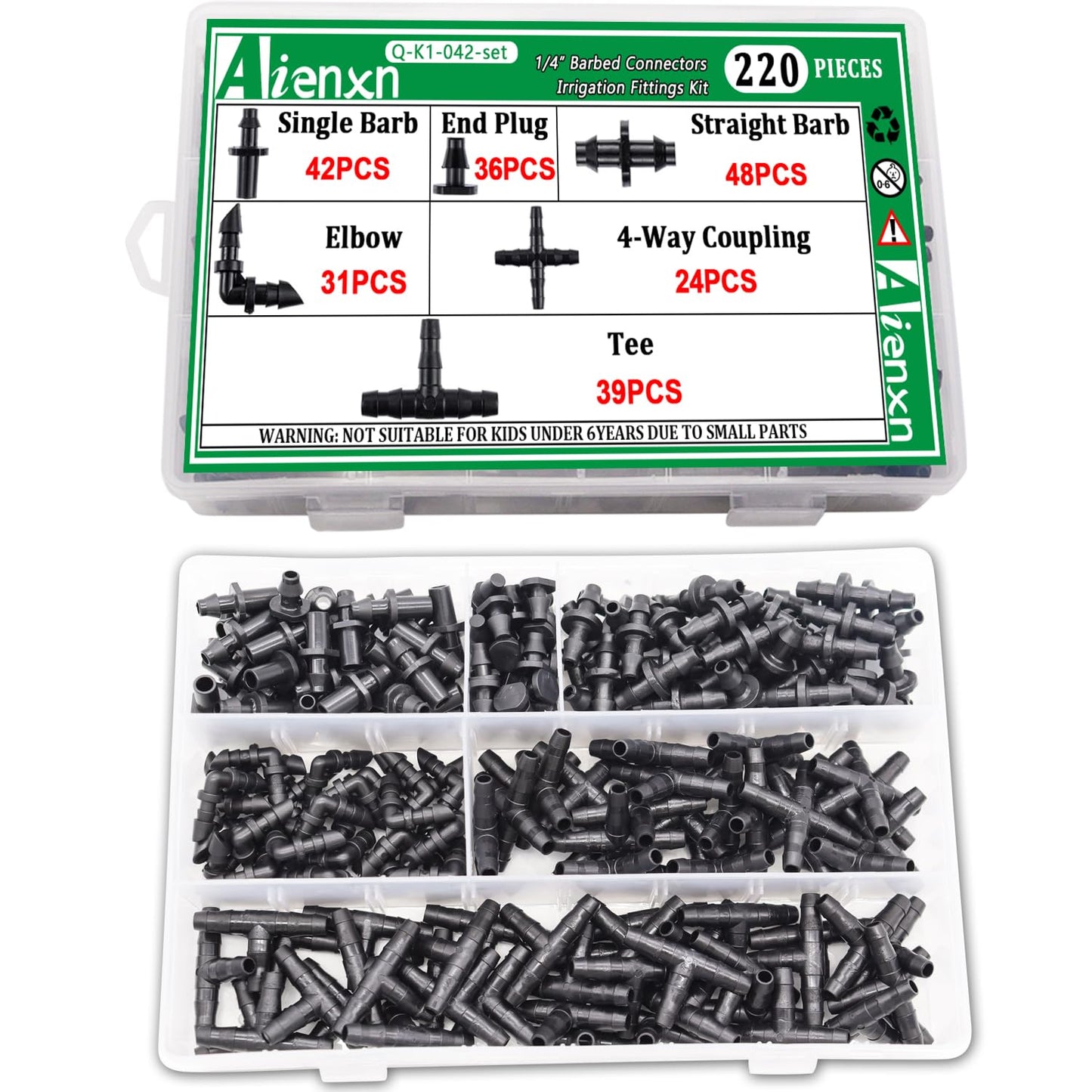 Aienxn 220PCS 1/4" Drip Irrigation Kit Barbed Connectors, Straight Barb, Tee, Single Barb, End Plug, Elbow, 4 Way Coupling Irrigation Fittings for Garden Lawn Flower Pot