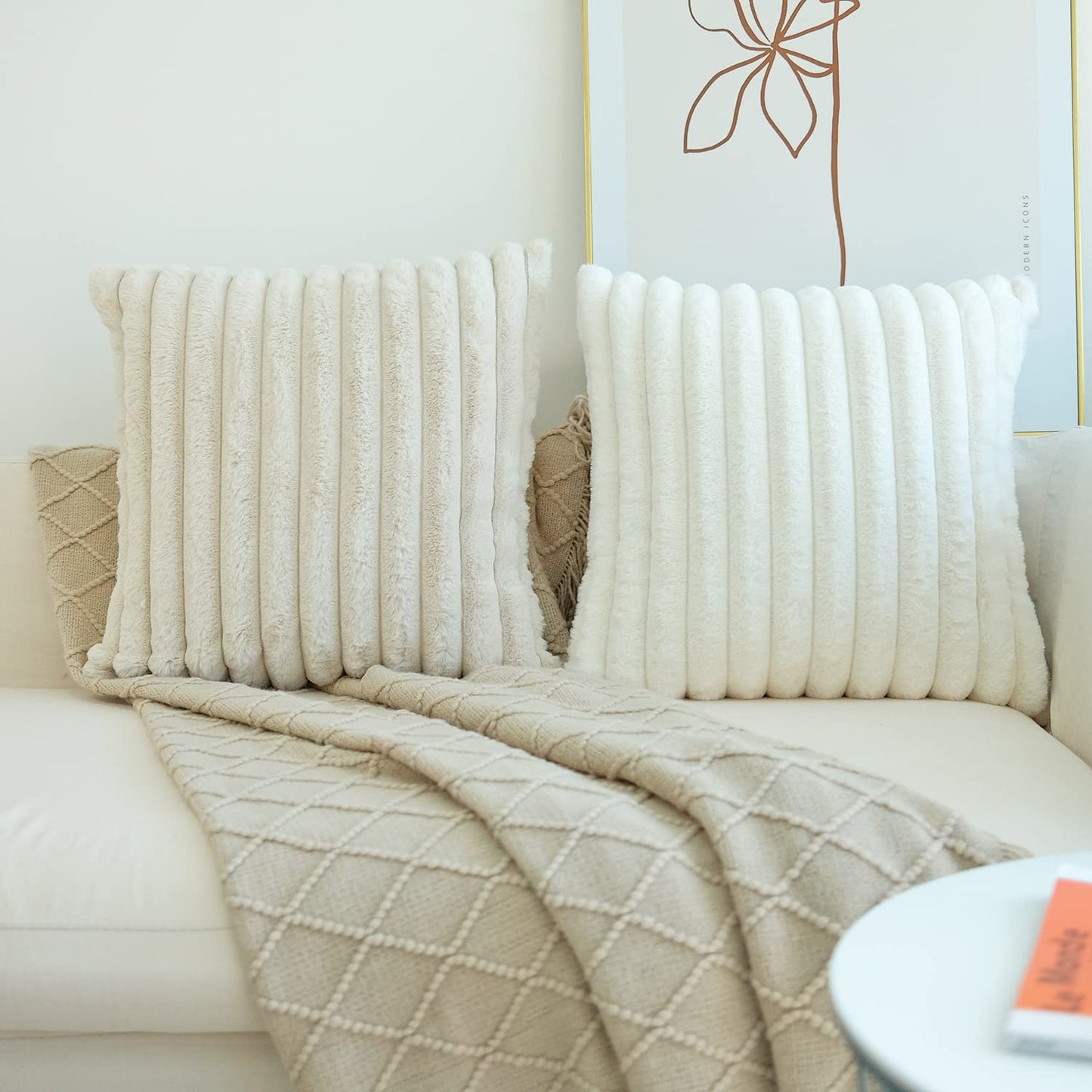 JOJUSIS Pack of 2 Faux Fur Plush Decorative Throw Pillow Covers Couch Cushion Case Soft Pillowcases (Beige, 18 x 18 Inch)