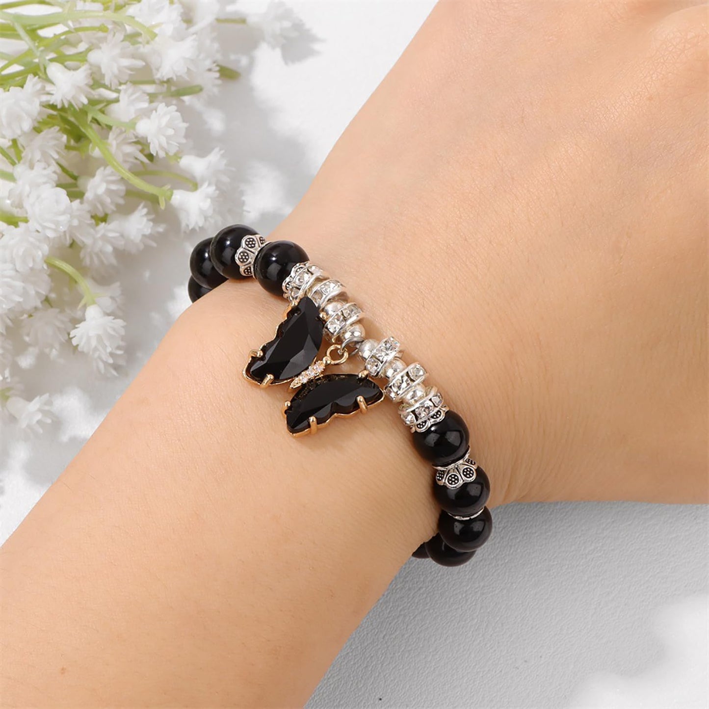 Black Tourmaline Bracelet for Women 8mm Adjustable Butterfly Charm Bracelet Black Crystal Bracelet Obsidian Bracelet Black Onyx Bracelet Black Obsidian Jewelry for Women