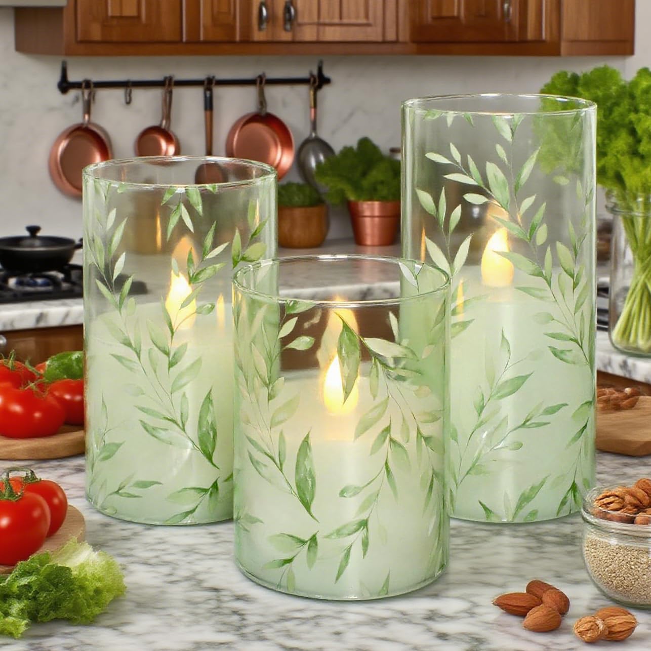 GORGE MOMENT Green Flameless Candles with Remote Willow Leaf Design Battery Operated Candles - Elegant Home Christmas Summer Decor Set of 3