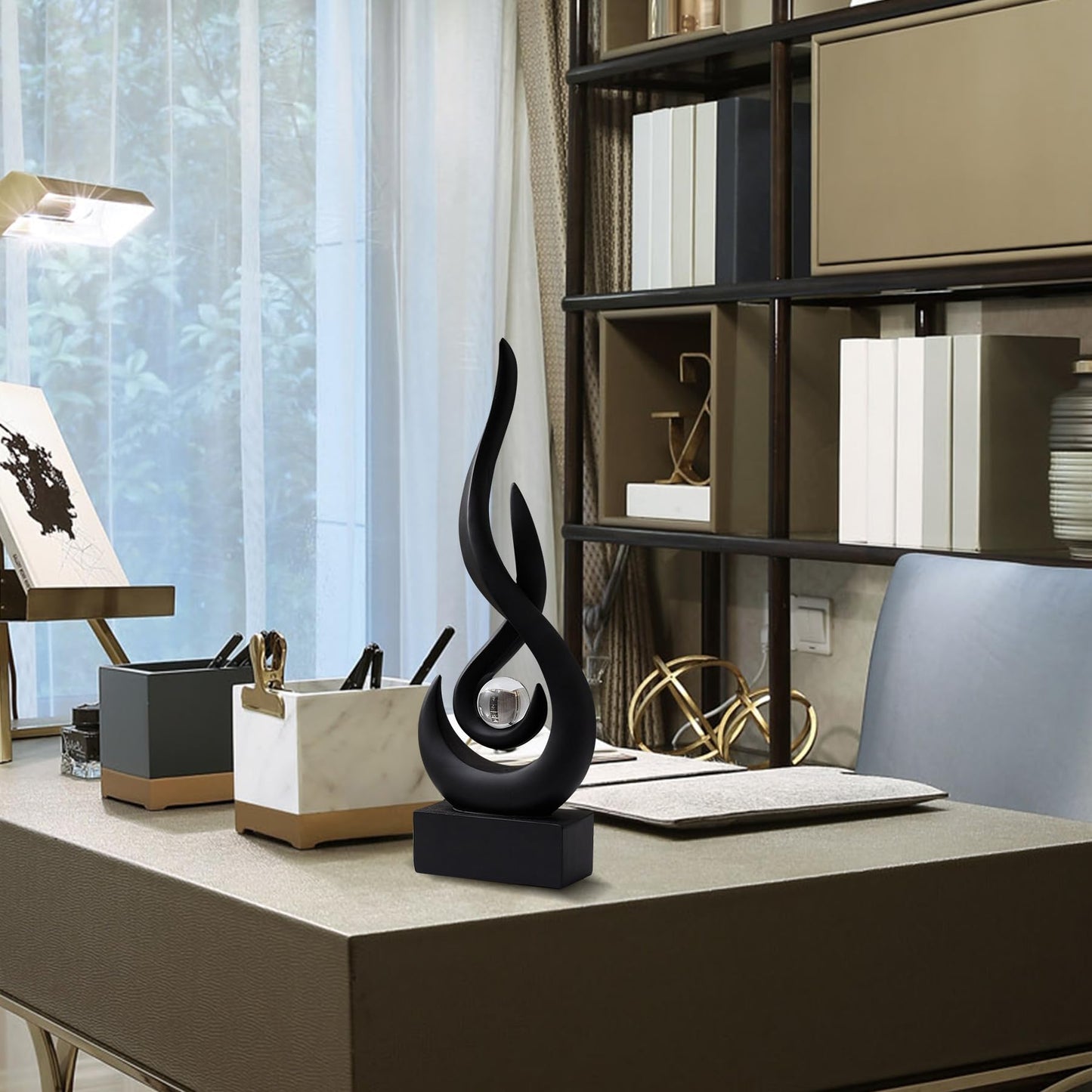 AWNR Abstract Black Sculpture: Flame Statue with Glass Ball Resin Art Figurines - Unique Centerpiece for Modern Home Decor