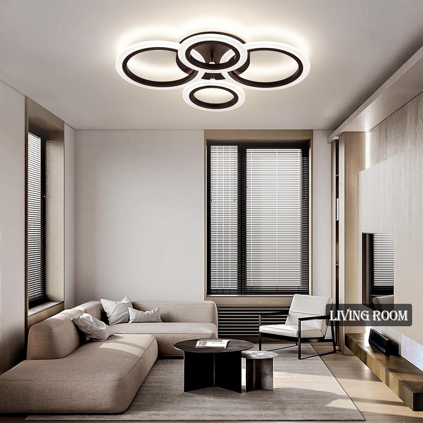 Shine LUEST 34W Modern LED Ceiling Light, 3000K-6000K Dimmable Ceiling Lighting Fixtures Ceiling Mount 4 Rings Black LED Chandelier Bedroom Lights Flush Mount with Remote for Kitchen, 2720LM
