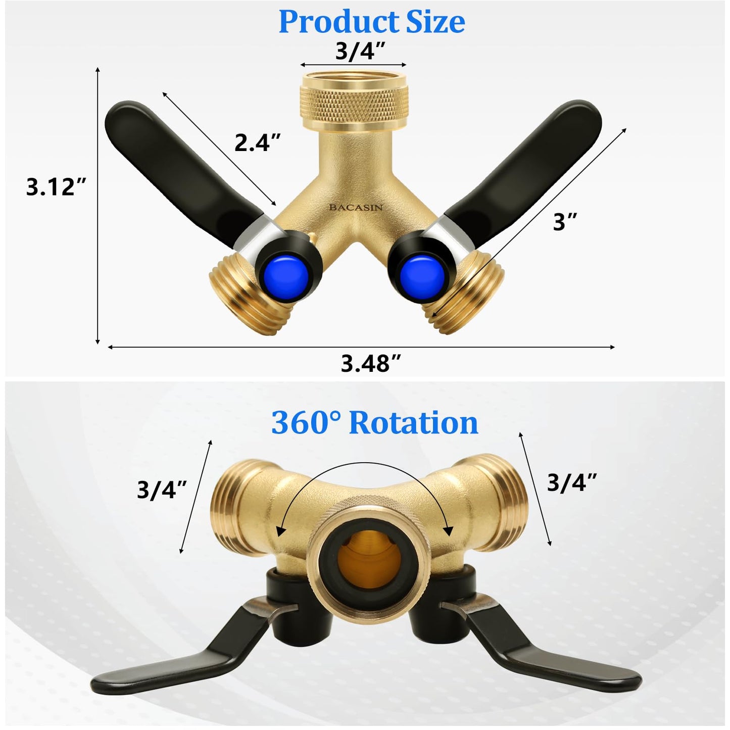 Brass Hose Splitter 2 Way Heavy Duty, Garden Hose Splitter with 304 Stainless Steel Long Handle, Brass water hose splitter 2 Way Y Valve 3/4" GHT Thread