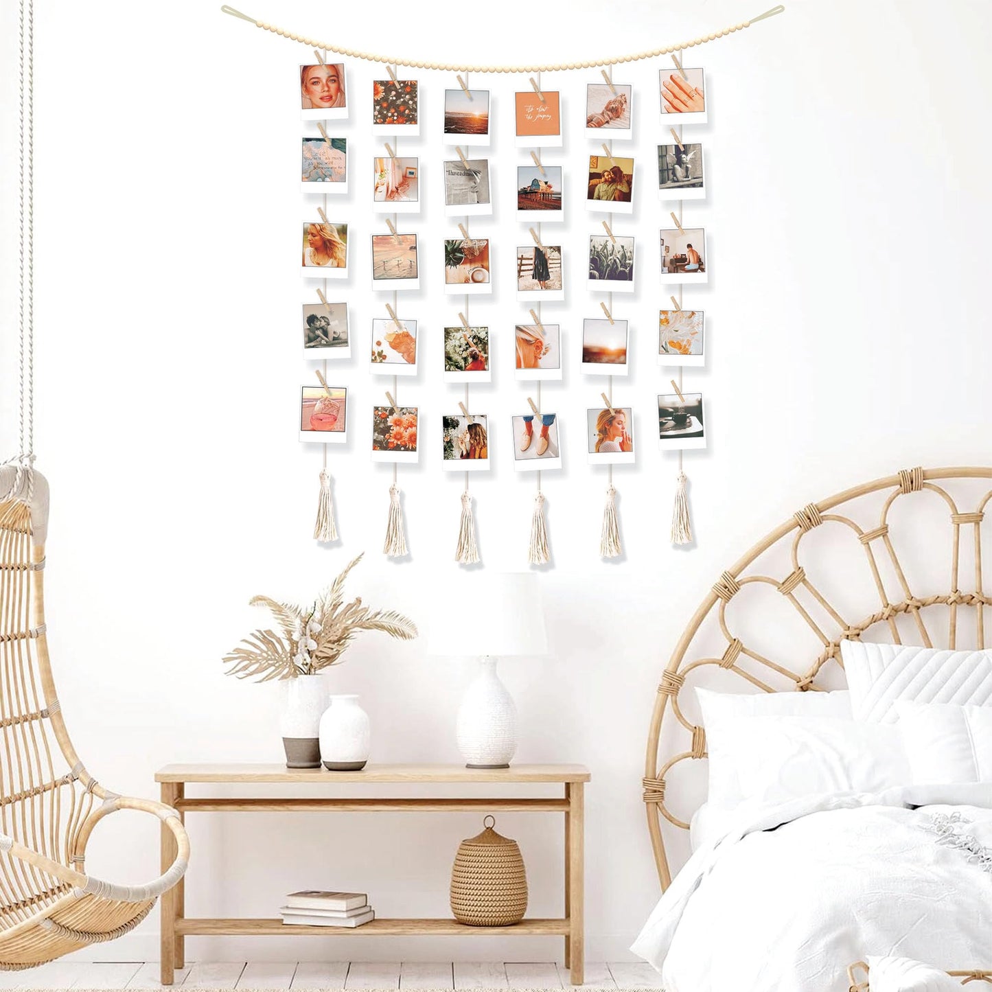 BIZYAC Hanging Photo Display with Clips Wall Boho Decor Beads Garland - Sculptural Picture Frames Collage - 30 Clothespins - 2 Non-Trace Hook - No Holes Drilling - 45 x 45 inch