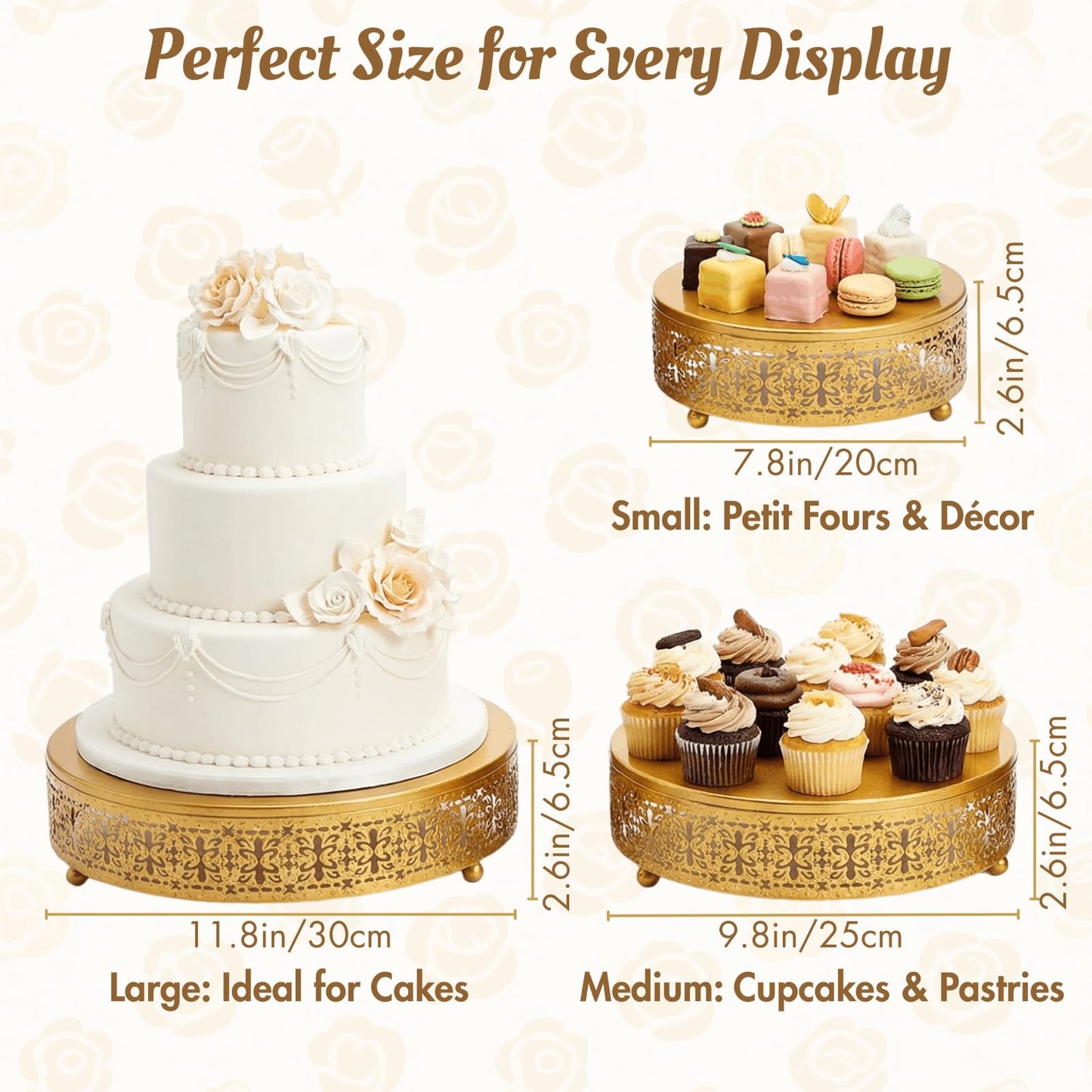 Youeon Gold Round Cake Stand Set of 3, 12/10/8 Inch Metal Hollow Cake Pedestals with Low Feet, Dessert Display Stands for Wedding, Birthday, Party, Anniversary & Holiday Entertaining