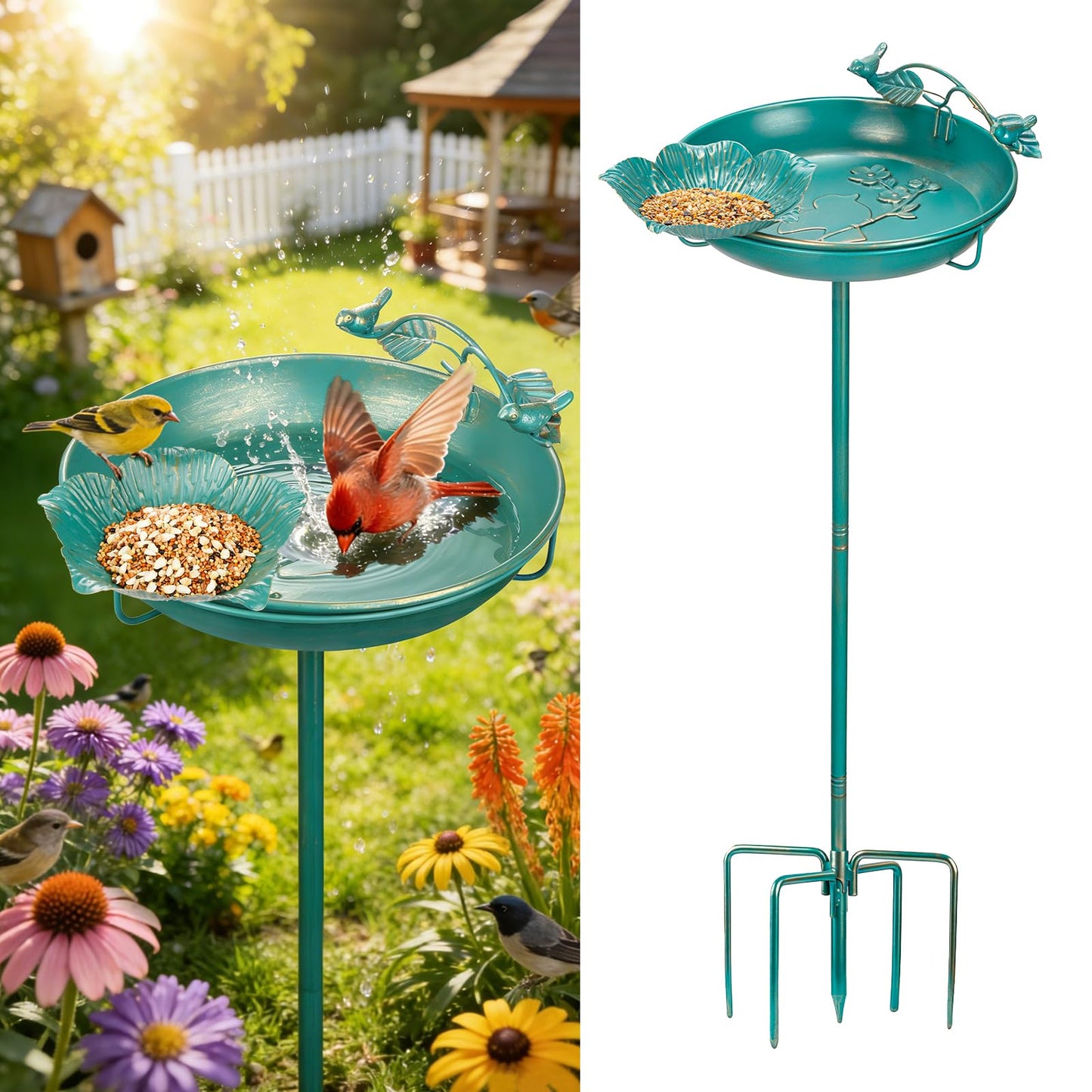 Mellbree Bird Bath for Outside, 12" Dia 39" H Lake Blue with Gold Gilding Metal birdbath for Outdoors, Freestanding with Perch & Feeder Bowl, Multi-Functional for Garden Patio Yard Lawn Outdoor Decor