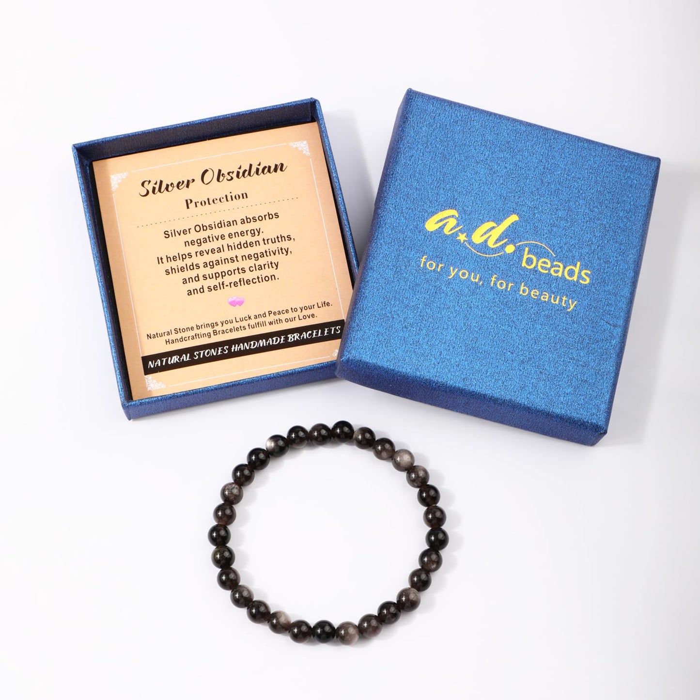 AD Beads 4mm Handmade Silver Obsidian Elastic Bracelet – Natural Gemstone for Protection – Meditation, Yoga, Healing and Energy Gift for Men Women