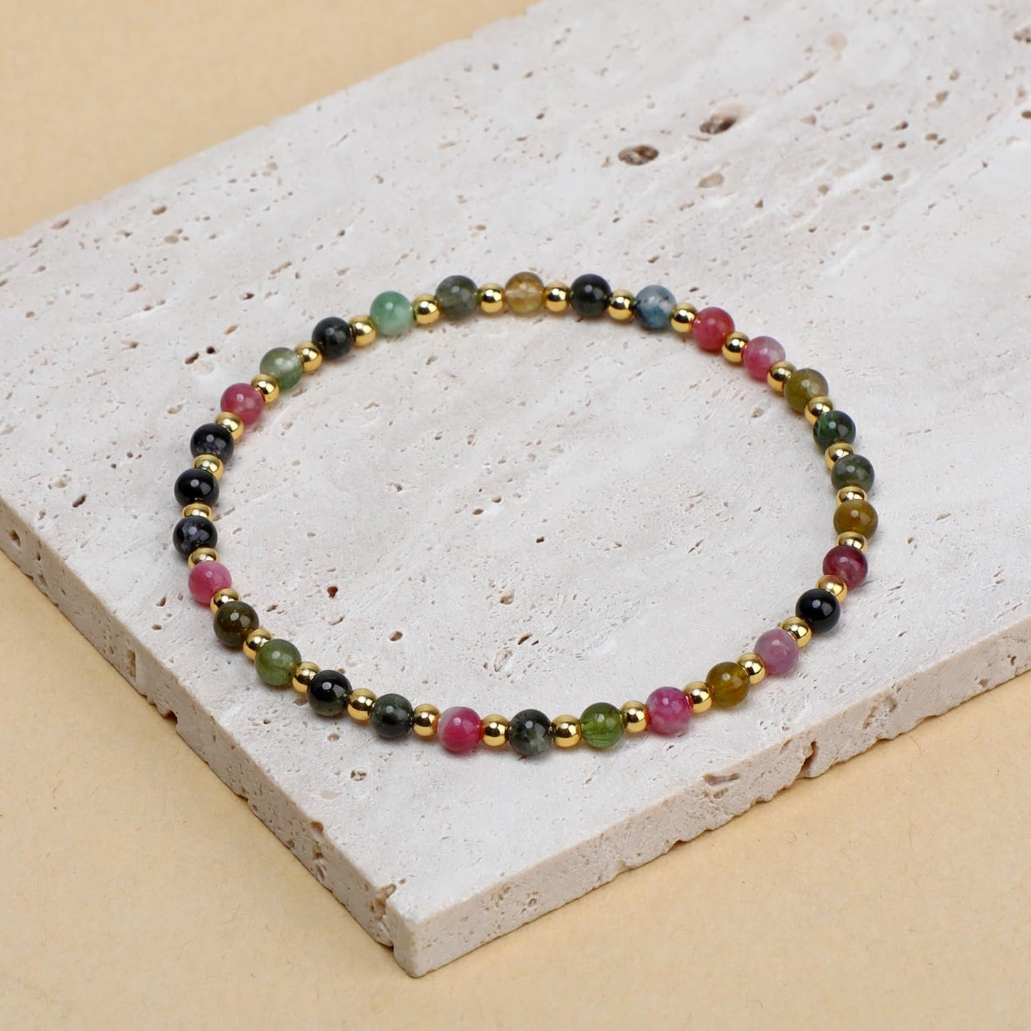 QOGIR Multicolor Tourmaline - Stone of Inner Balance - 14K Gold Plated Beads Natural Gemstone Stretch Elastic Dainty Healing Beaded Bracelets Gifts 4mm