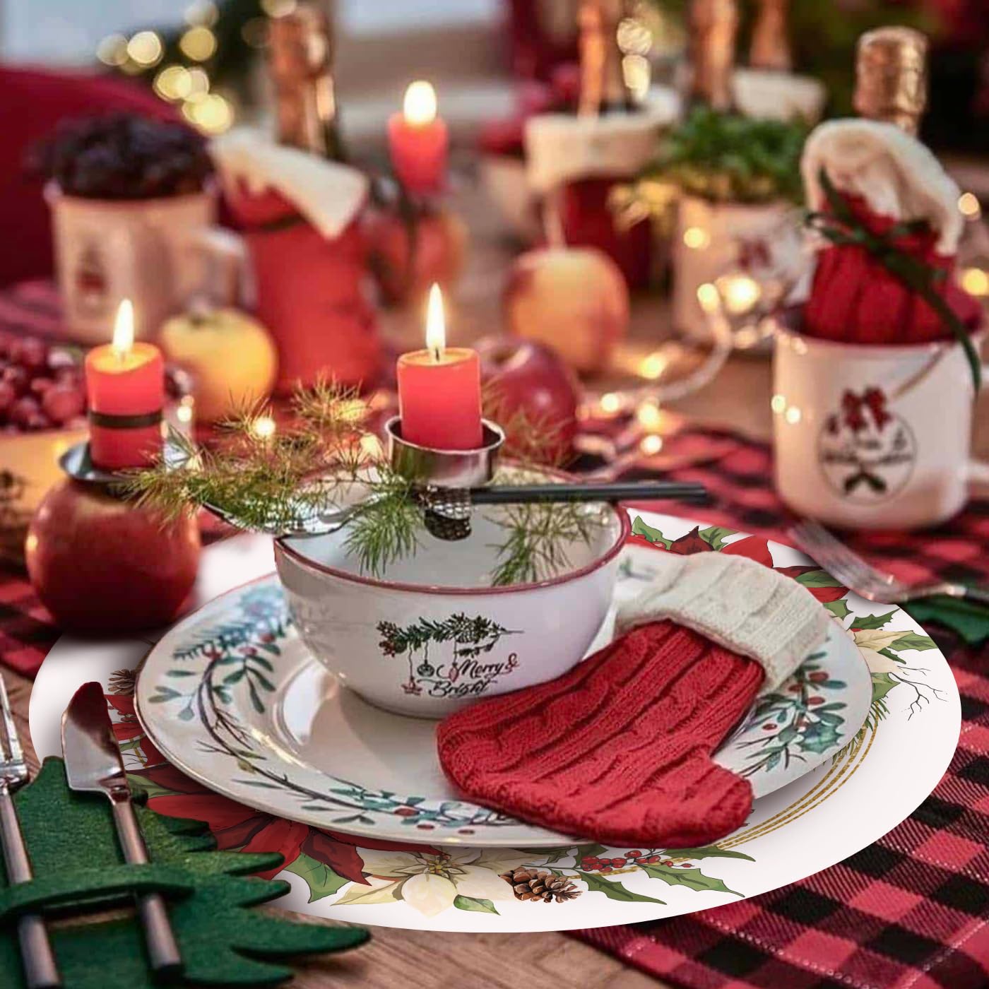 50 Pack Christmas Paper Placemats 13.7 Inch Xmas Poinsettia Disposable Round Place Mats Winter Red Green Table Mats for Holiday Christmas New Years Party Home Dinner Table Setting