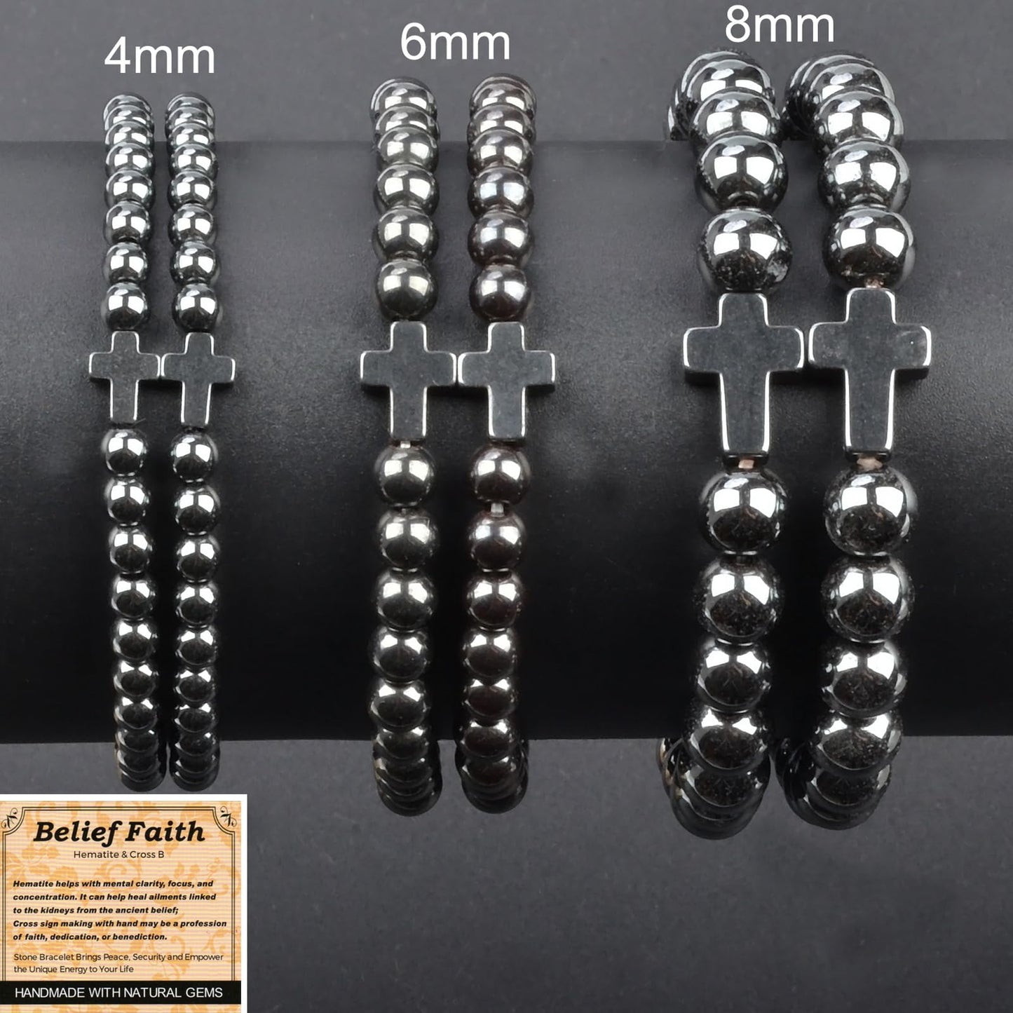 MASSIVE BEADS Hematite and Cross - Belief Faith Handmade Handmade Yoga Stretch Elastic Bracelet Natural Stone Crystal Healing Power Energy Gifts for Unisex Adult 4mm
