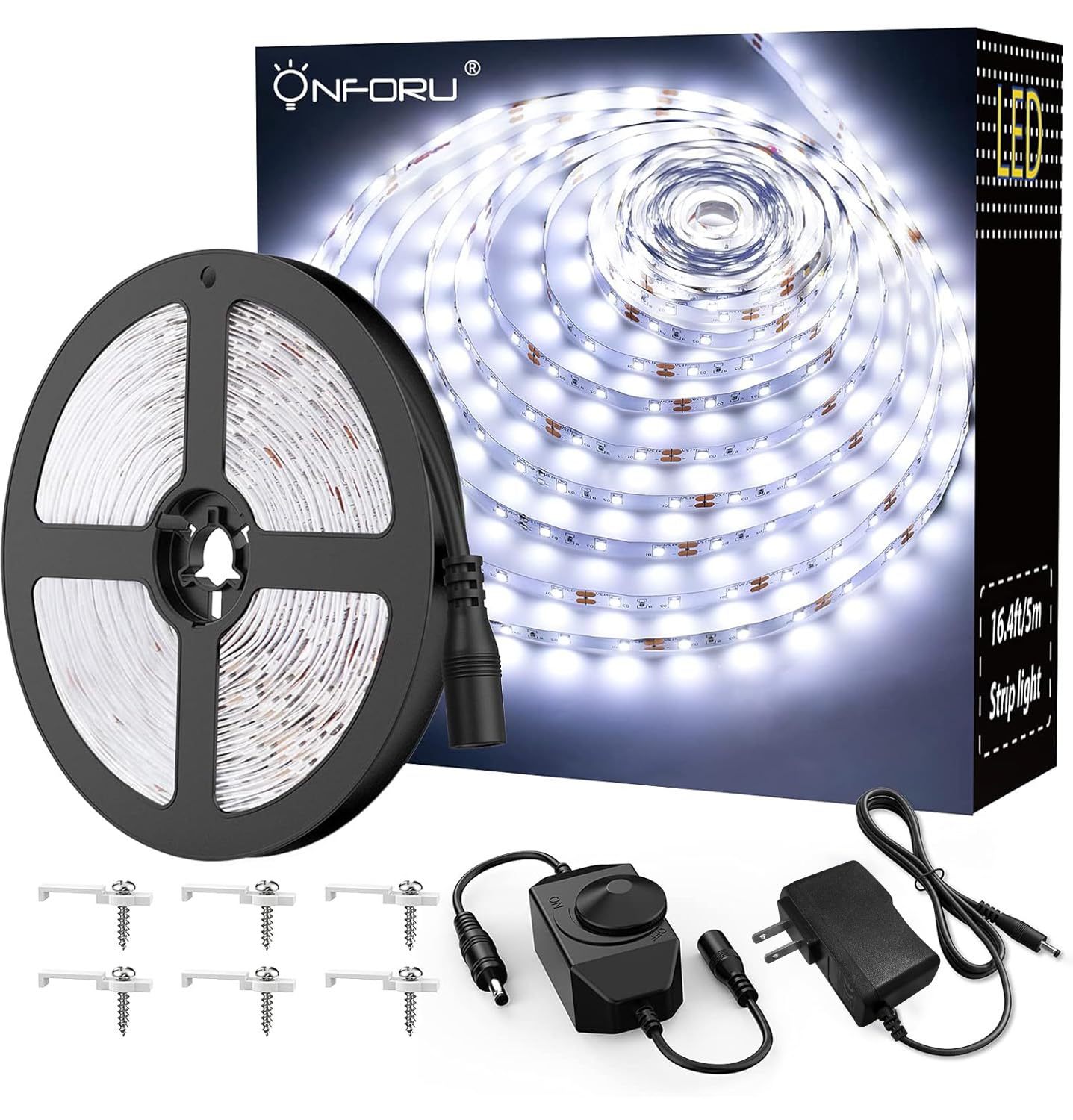 Onforu LED Light Strip,16.4ft Dimmable LED Tape Light, 6000K Daylight White Strip Lighting, 300 LEDs Flexible Vanity Mirror Light, 5M 12V Ribbon Rope Light for Bedroom, Under Cabinet,Kitchen,Christmas
