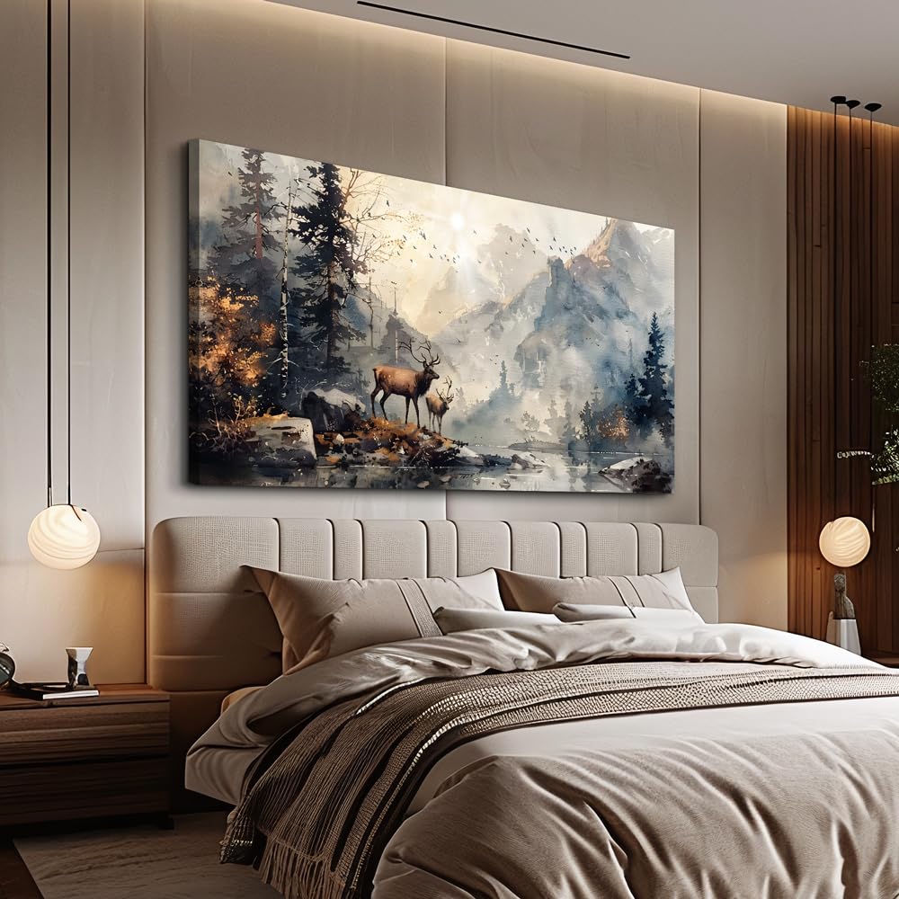 FUHAIHUA Canvas Wall Art For Living Room Framed Wall Decor For Bedroom Office Mountain Forest Landscape Ink Paintings Deer Pictures Artwork Modern Aesthetic Home Decor 20x40 In