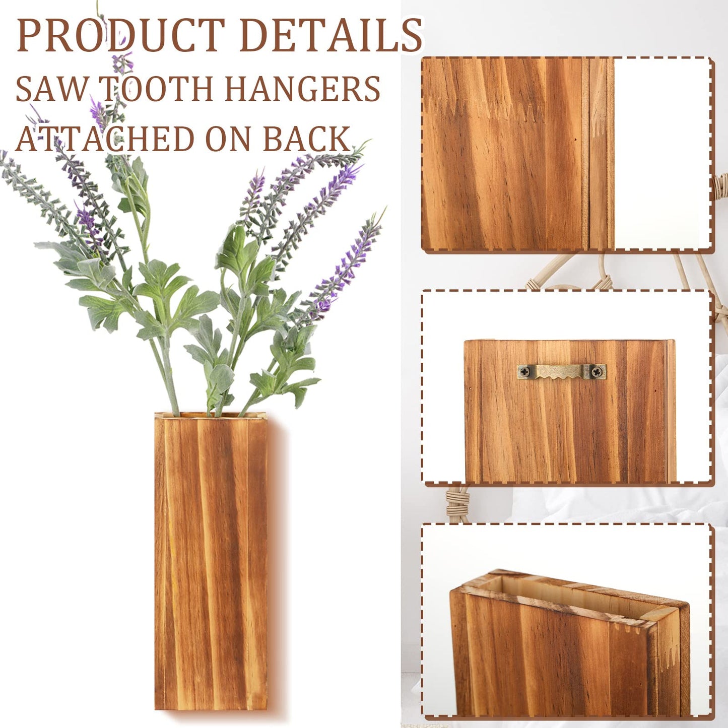 Nuanchu 6 Pack Wood Wall Planter Wooden Hanging Planter for Dried Flowers and Artificial Greenery Plants Wooden Pocket Vase Farmhouse Wall Decor for Indoor Hydroponics Plants (Natural, Wood Style)