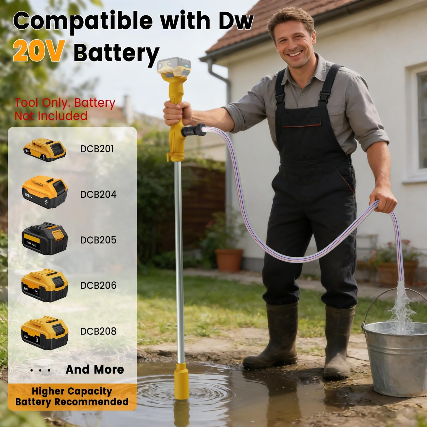 Cordless Stick Water Transfer Pump Compatible with Dewalt 21V Battery(No Battery),Portable Water Pump with 555 GPH & 29.53 FT Lift for Pool/Garden/Pond/RV/Boat/Basement/Rain Barrels Draining