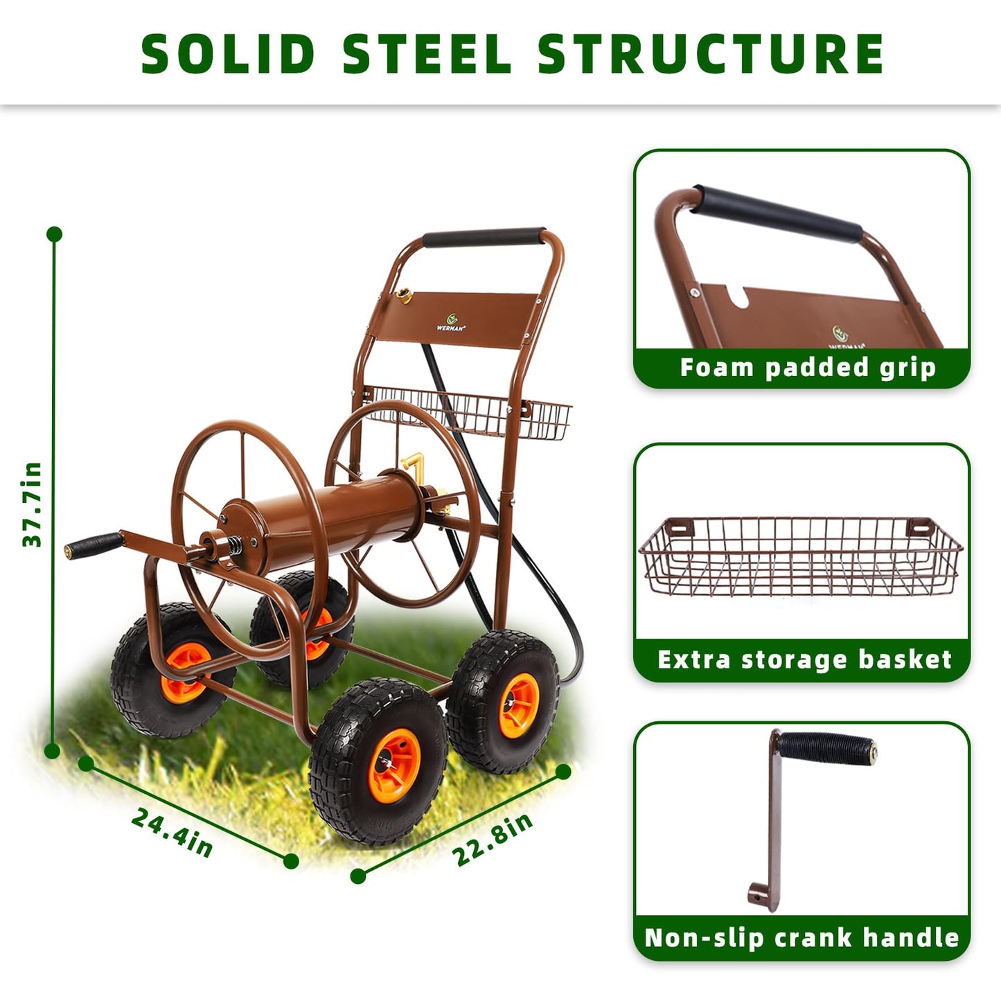 WERMAH 2025 Upgrade Hose Reel Cart, Hold Up to 300 ft of 5/8'', Garden Hose Cart with 4 Wheels, Heavy Duty Freestanding Water Hose Reels for Outside Garden Lawn Yard Outdoor