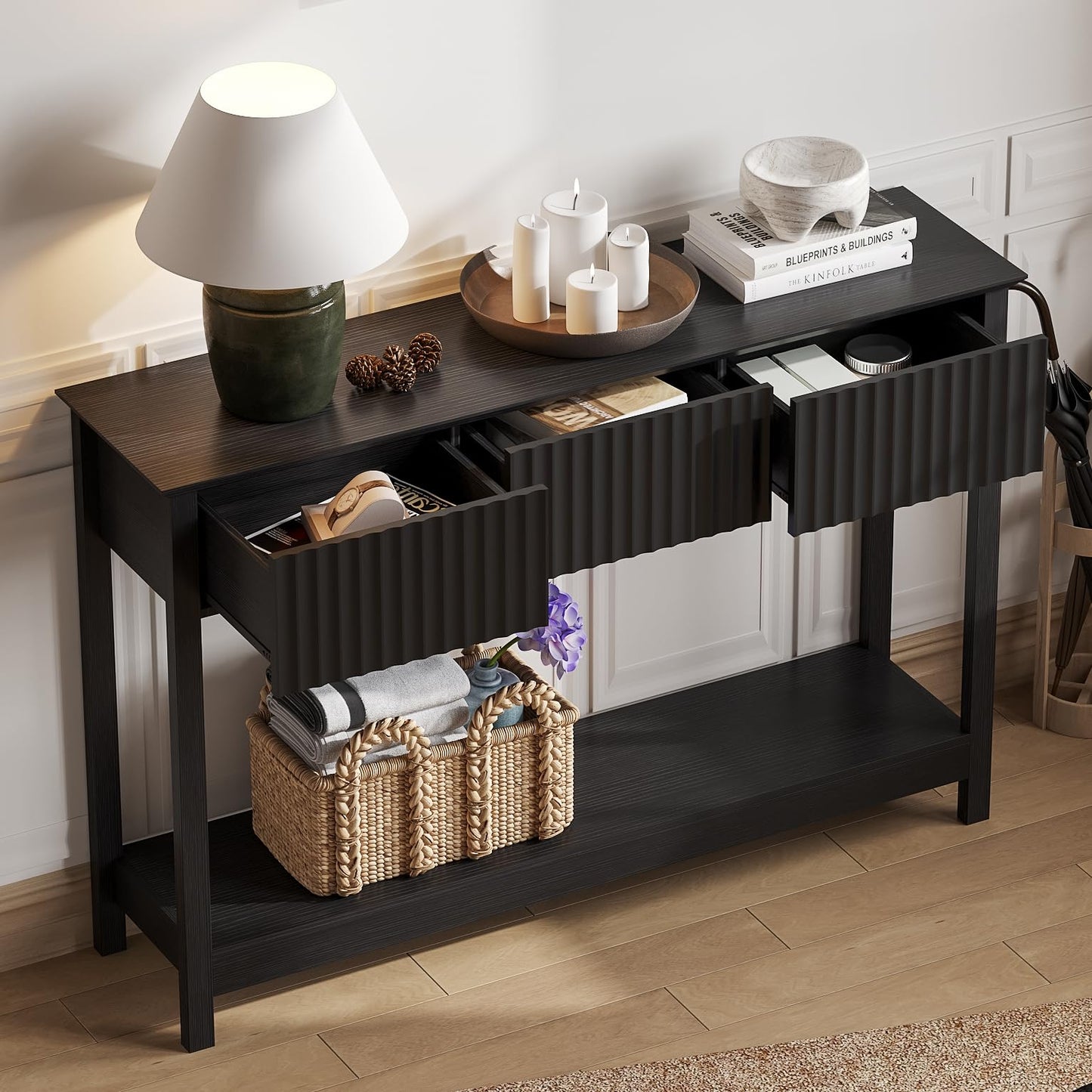 Treocho 47" Fluted Console Table with 3 Drawers, Narrow Long Entryway Table with Storage and Shelf, 2-Tier Sofa Table Behind Couch Accent Tables for Entrance Foyer, Hallway, Living Room, Black