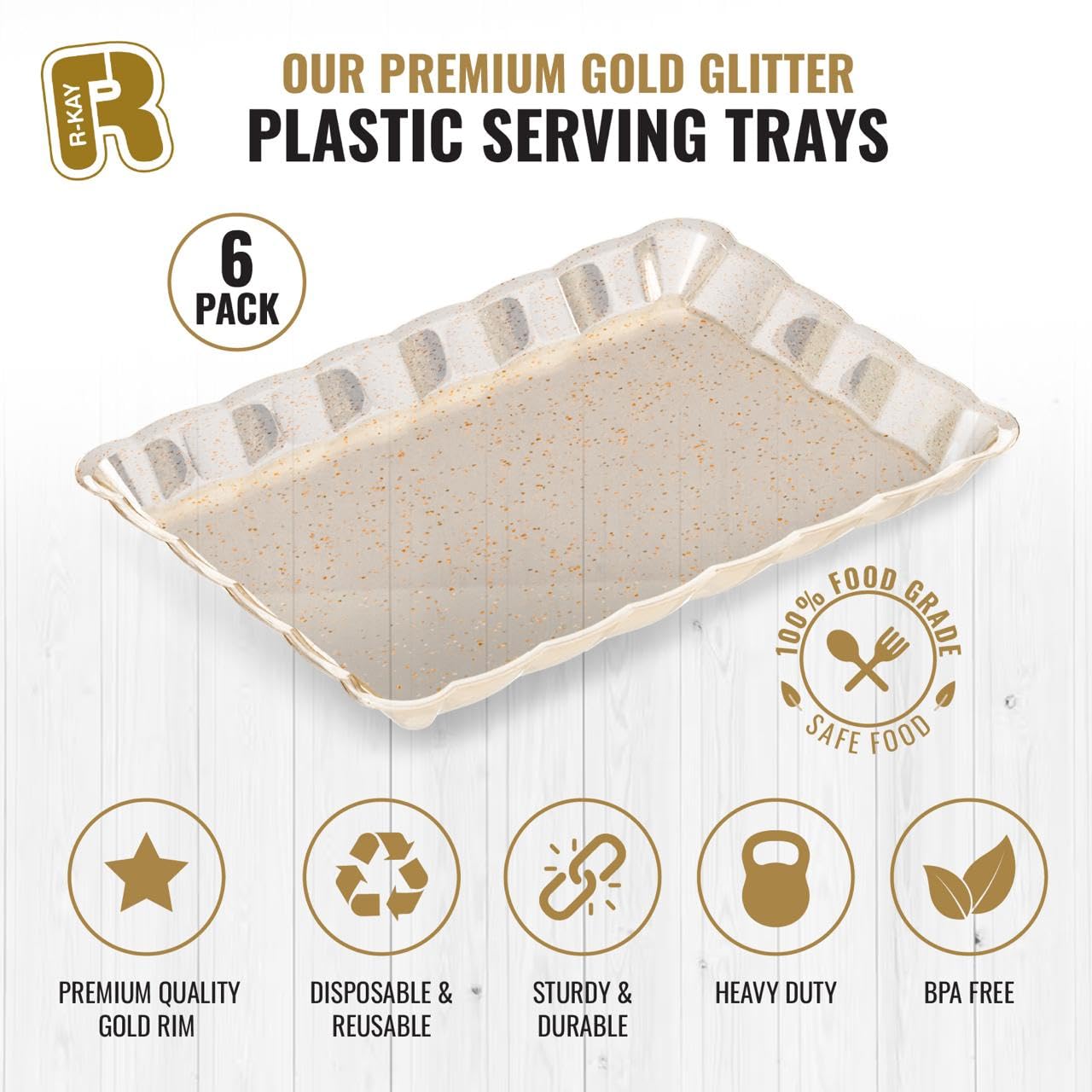 6 Pack Gold Glitter Plastic Serving Trays for Party, 9 x 13 Inch - Heavy Duty Plastic Gold Trays for Food - Rectangular Party Serving Platters