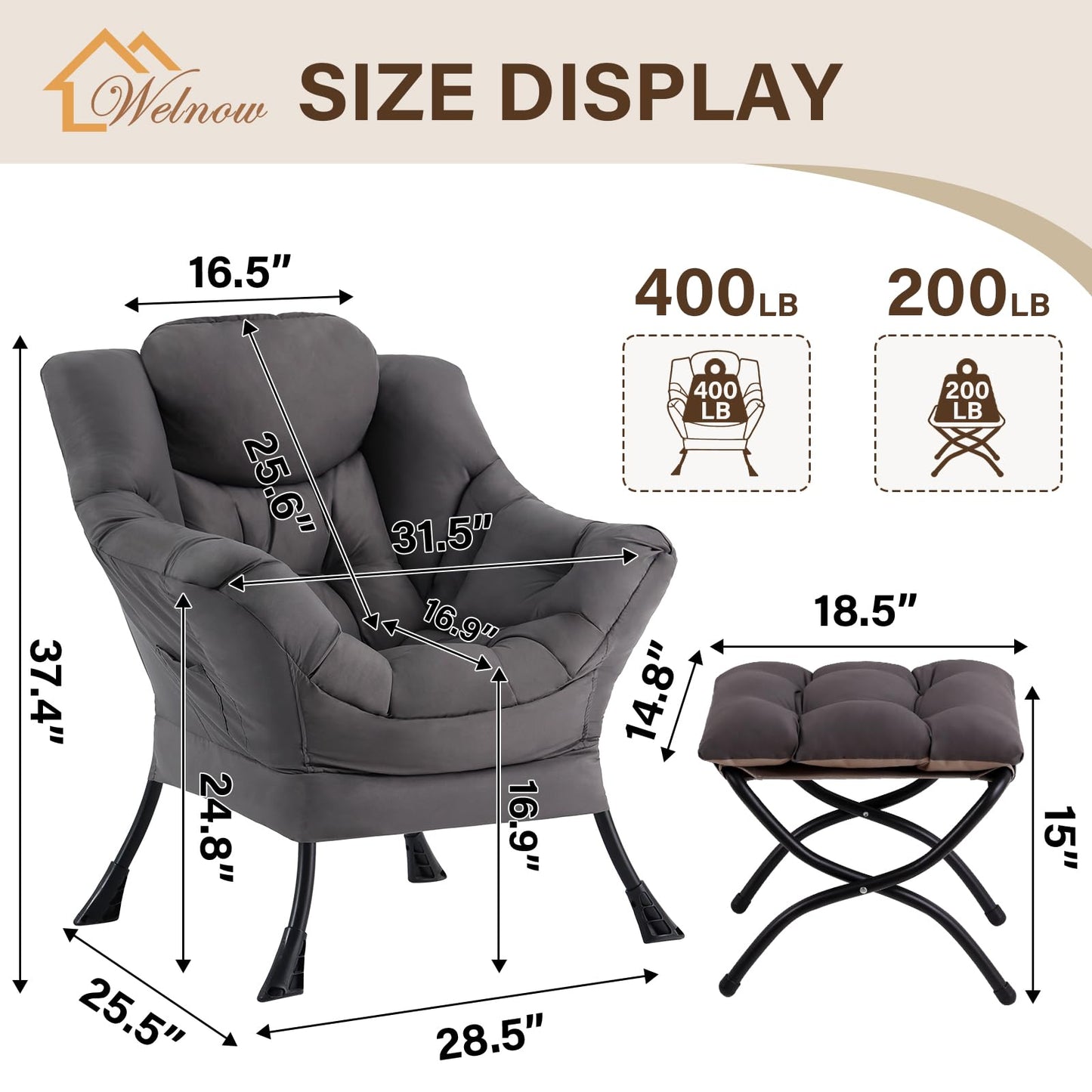 Welnow Lazy Chair with Ottoman, Modern Accent Chair with Armrests and a Side Pocket, Leisure Sofa Armchair, Reading Armchair with Footrest for Small Space, Dark Grey