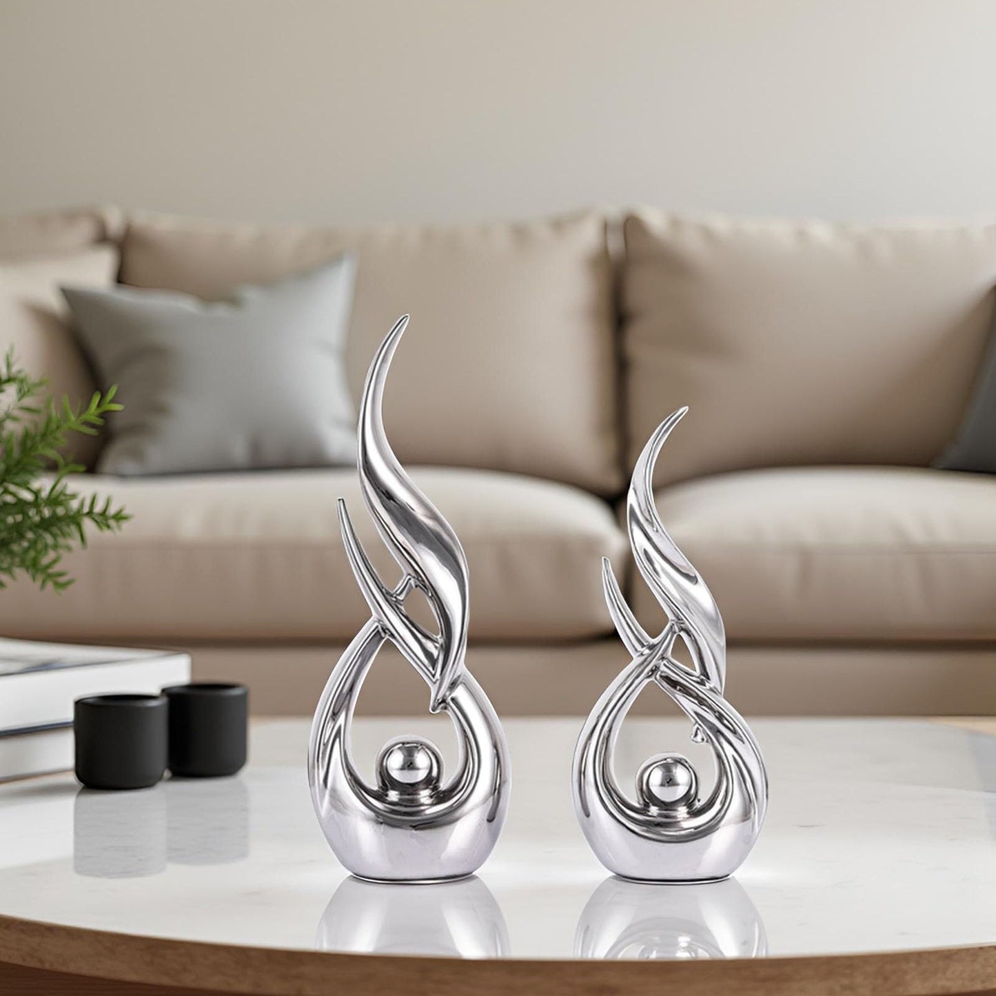 XMGZQ Gold Ceramic Abstract 2 Piece Statue Set,Mid Century Modern Abstract Art Home Decor Statue Mantelpiece on Unique Shelf Decor, TV Cabinet Divider Table top and Dining Table Centerpiece (Silver)