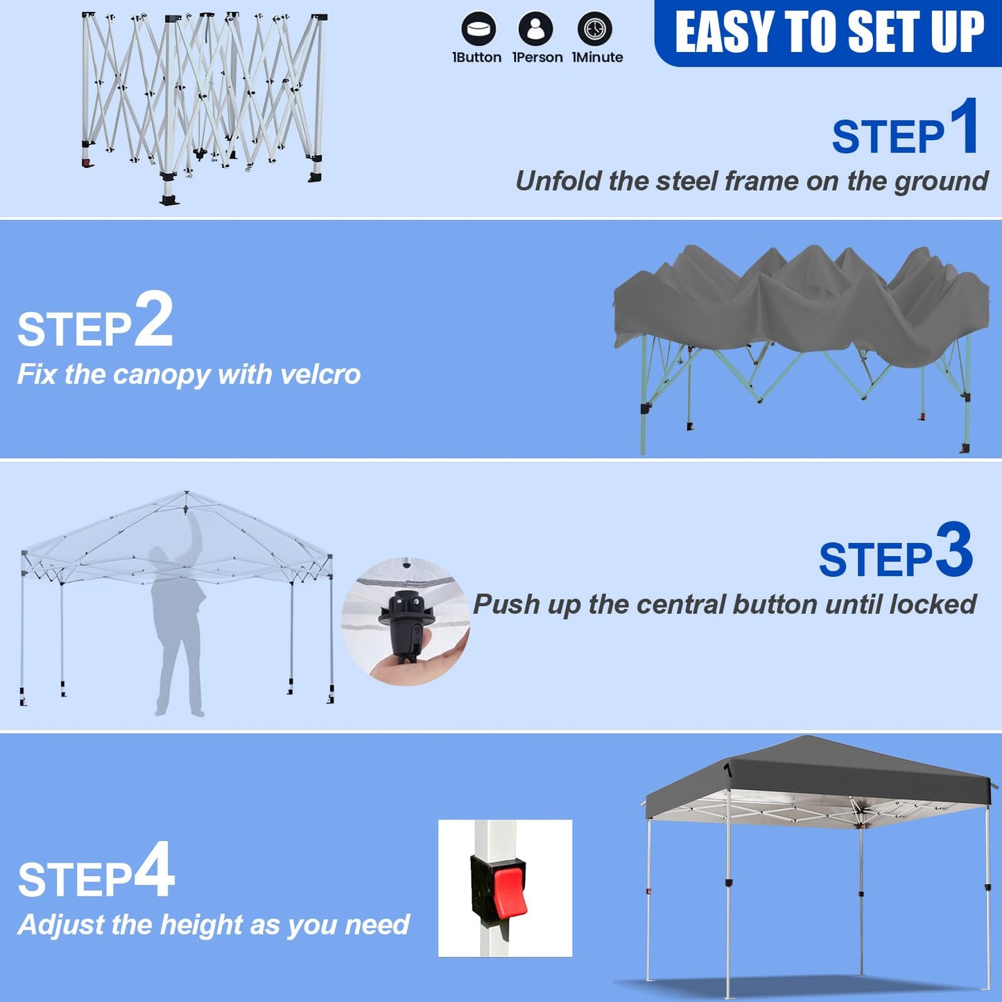 Pop Up Canopy Tent, 10x10 Outdoor Shade, One Push Instant Outdoor Canopy, Easy Set Up Tent, Portable Instant Beach Canopy Tents, Sun Shelter for Events, Parties, Camping