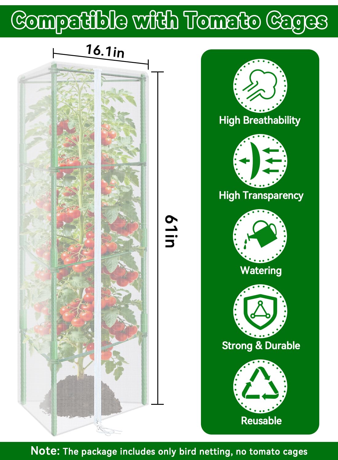 ZeeDix 61" x 16.1" Garden Bird Netting for Triangle Tomato Cage, 2 Pack Garden Mesh Barrier, Plant Covers Protect Tomatoes, Vegetables, Blueberry Bush from Birds & Pests
