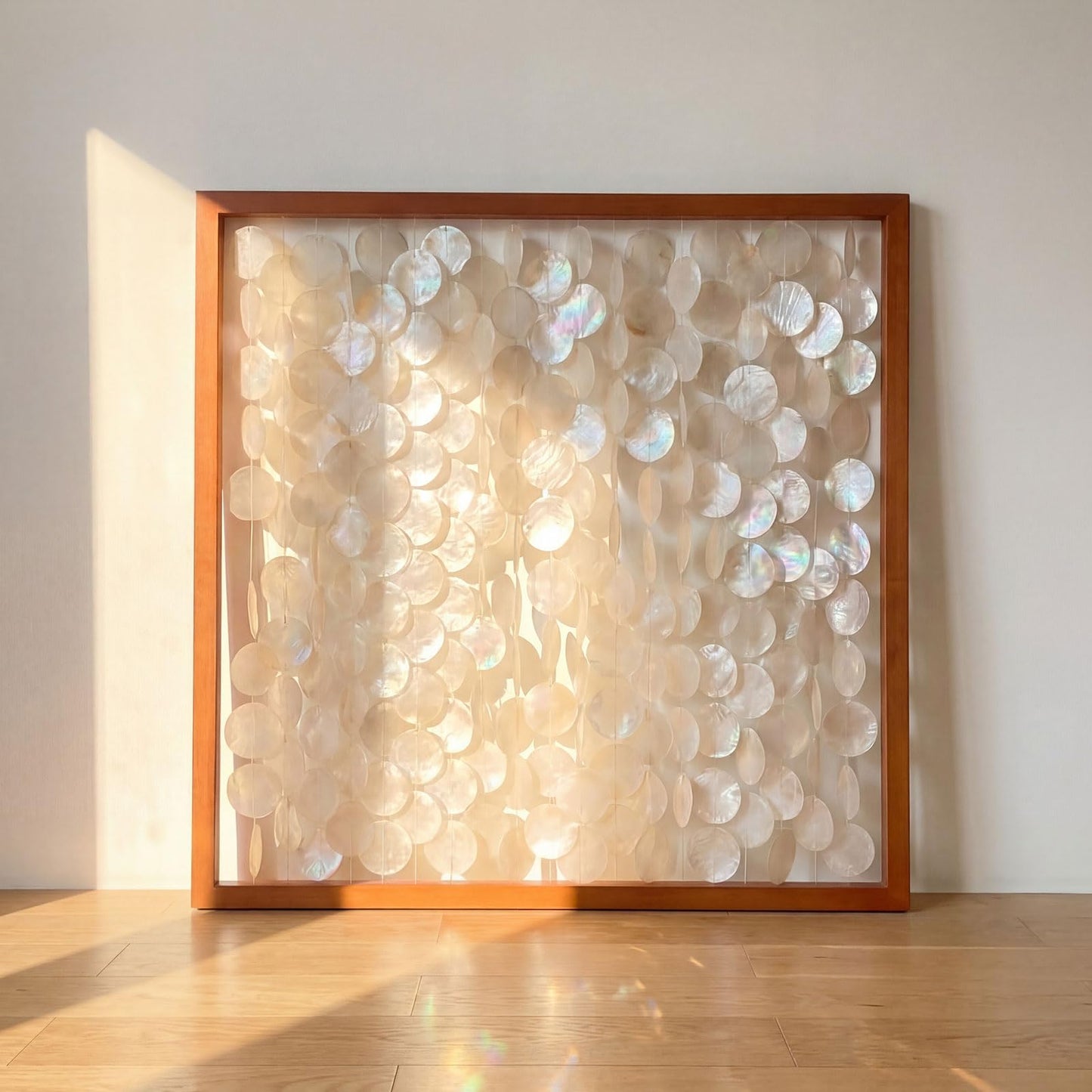 Yerliker 1 Pcs 24"x24" Capiz Shell Wall Decor Handmade Coastal Wall Art with Solid Wood Frame 3D Minimalist Natural Ocean Sea Shell Decor Frame Beach Nautical Art for Home Living Room Office Bedroom