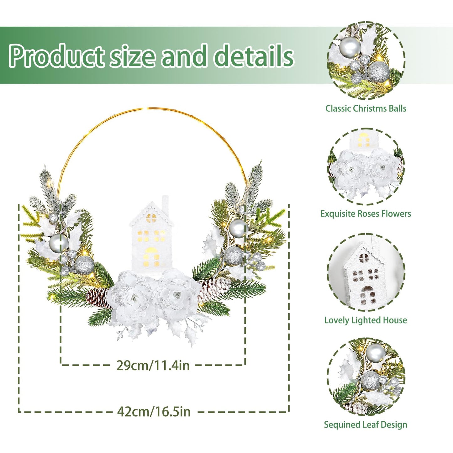 MEIVINES Prelit Christmas Wreath for Front Door 16Inch Artificial Christmas Door Wreath with Lights Silver Rose Farmhouse Xmas Winter Wreath for Christmas Decoration Wall Fireplace Mantle(Silver)