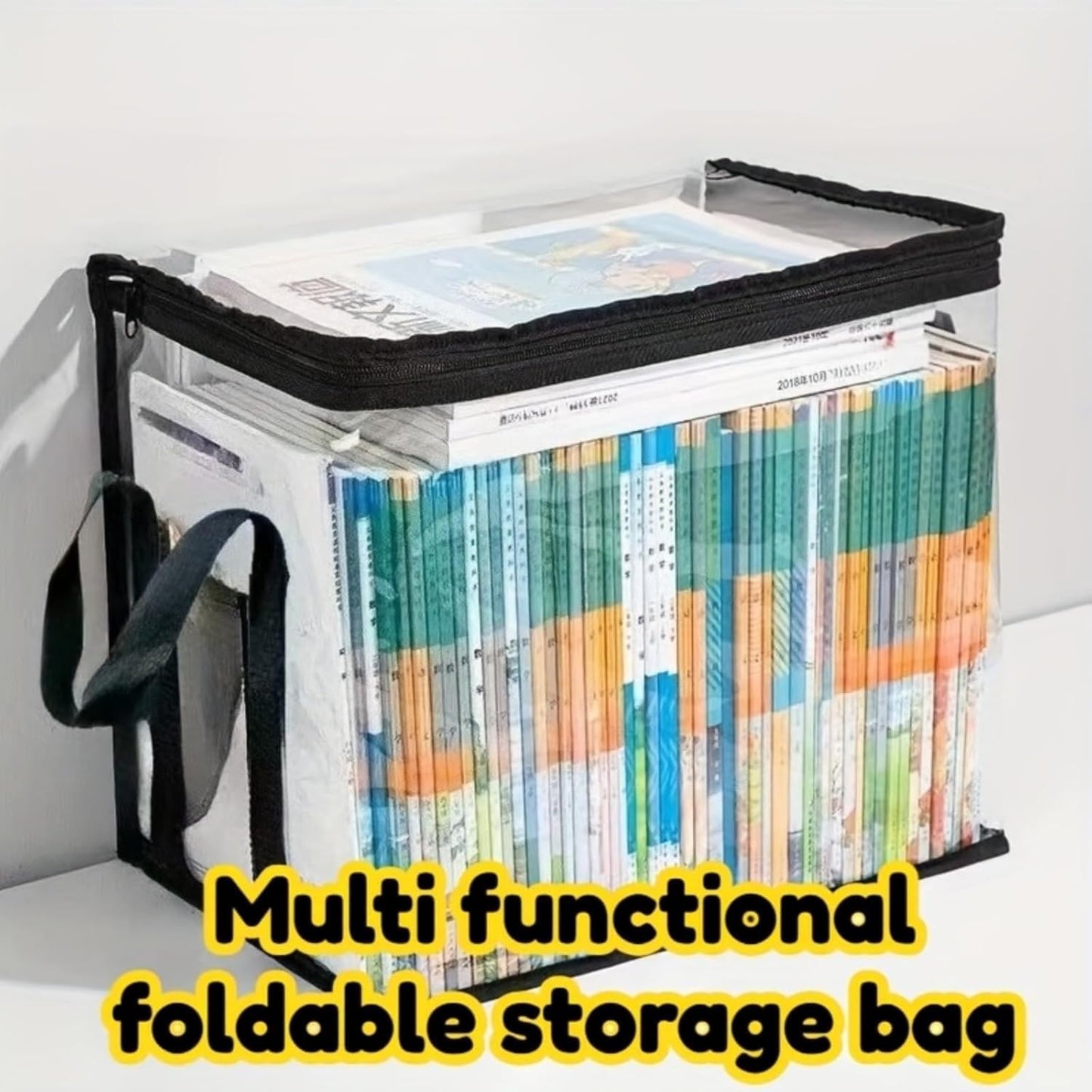 2pcs Waterproof Foldable Clear Book Storage Box with Handles, Transparent Book Organizer,Fold able Book Box Waterproof Storage Box for Office (black)