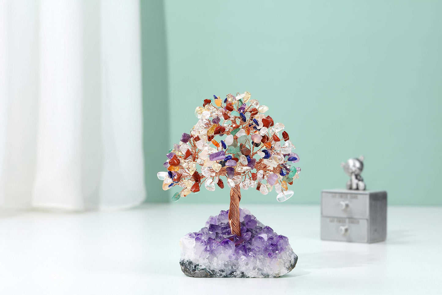 Jovivi Natural 7 Chakra Gemstone Healing Crystal Money Tree on Amethyst Cluster Geode Druzy Base Feng Shui Crystals for Home Office Desk Decorations, Wealth,Good Luck