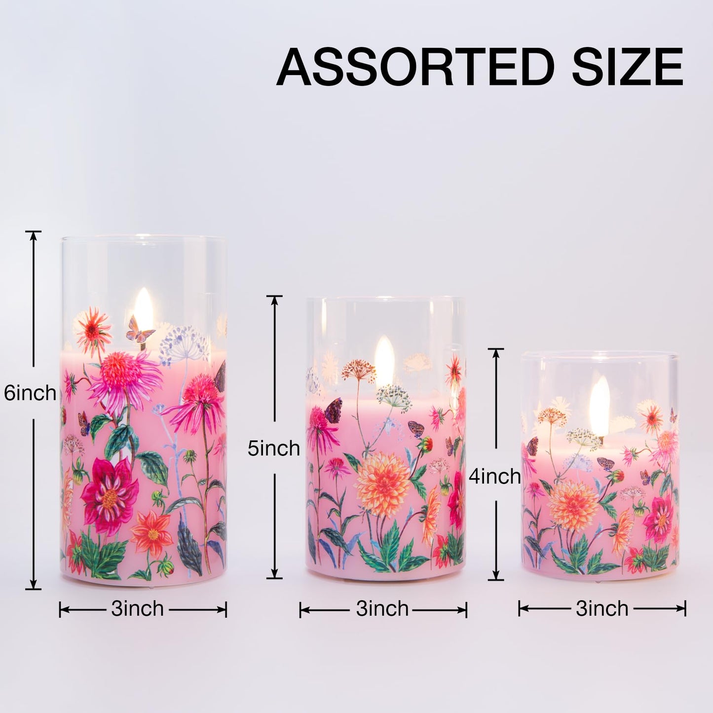 Girimax Pink Floral Glass Flameless Pillar Candles with Remote, Flickering Spring LED Battery Candles Home Decor Set of 3
