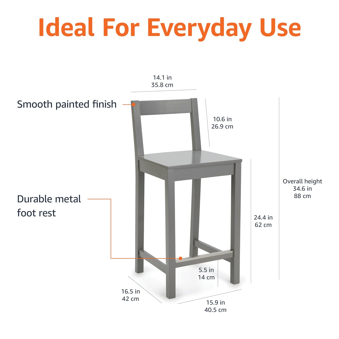 Amazon Basics Wooden Bar Stool with Backrest 24", Grey, 1 Unit