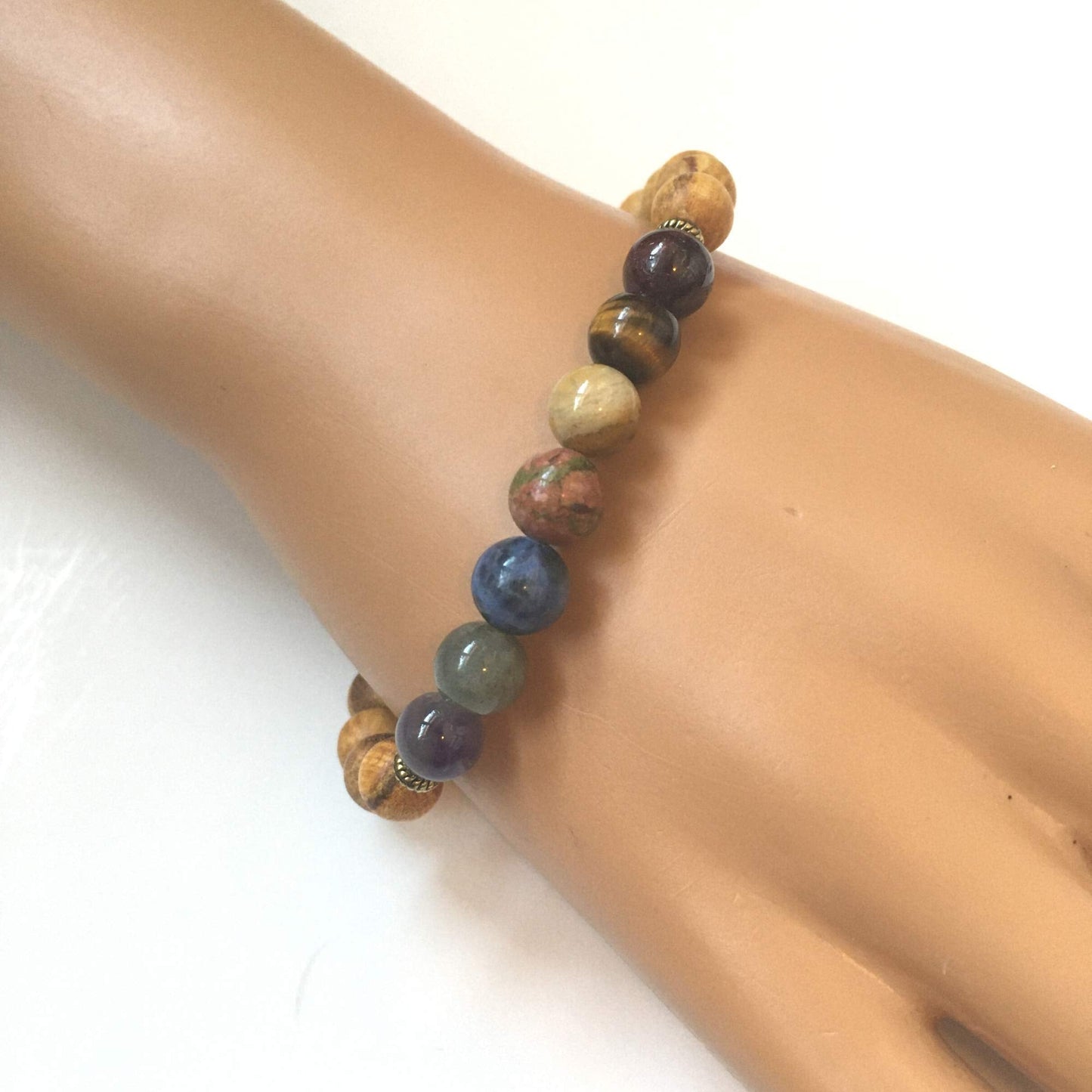 7 Chakra Bracelet for Women with Real Stones, Palo Santo Bracelets for Negative Energy Protection, Handmade Reiki Healing Gemstone Jewelry, Spiritual Gifts for Yoga Lover