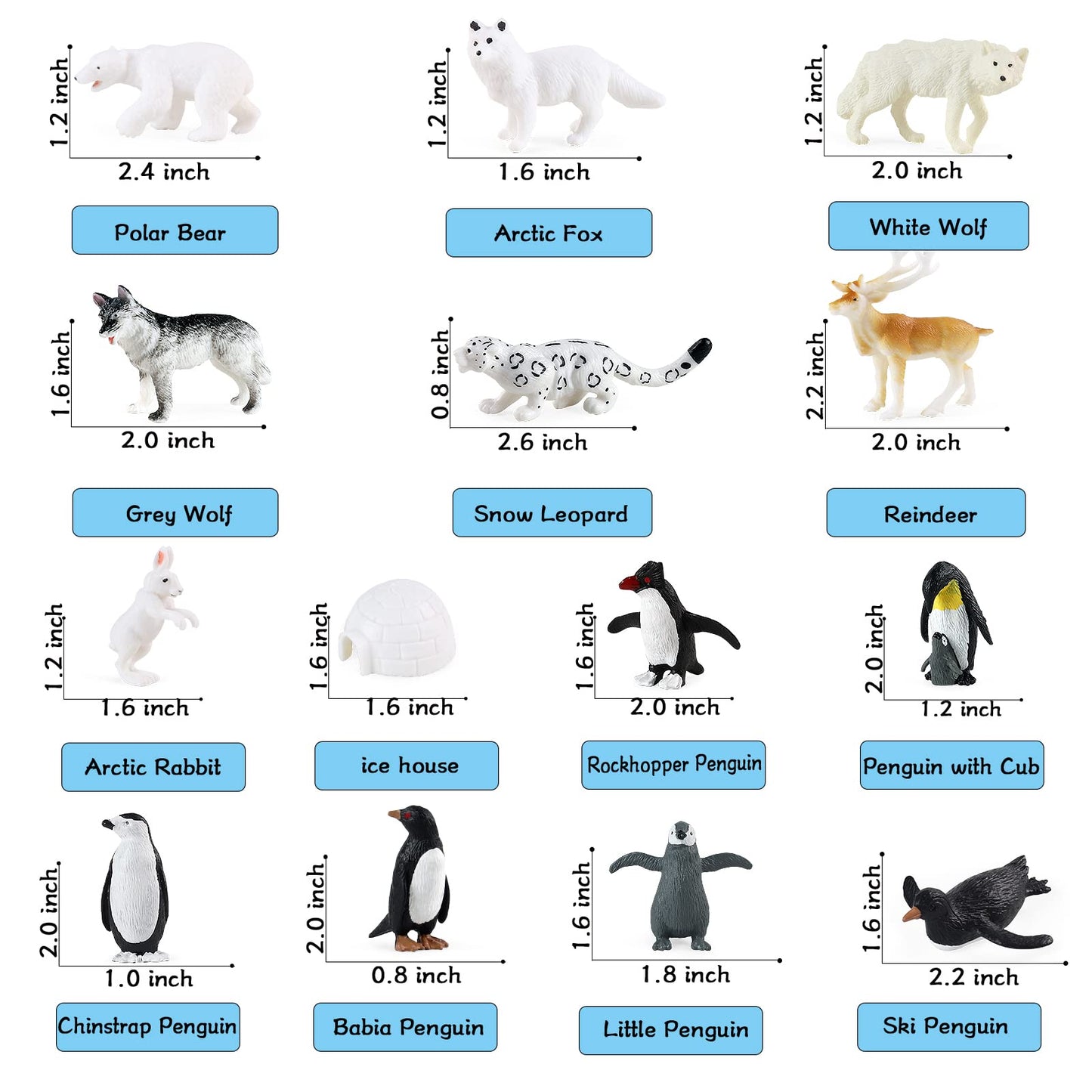 RCOMG Arctic Animals Figures, 14pcs Mini Polar Animal Figurines, Plastic Arctic Animal Toys Set with Arctic Fox Wolf Reindeer Penguins Toys