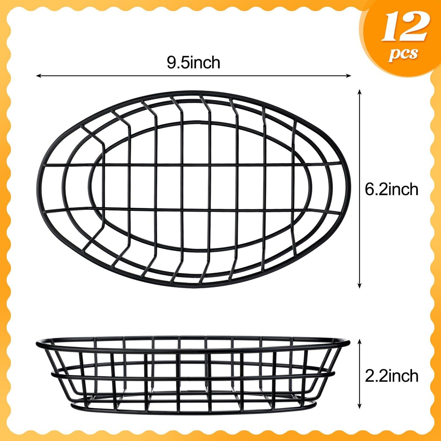 Hushee 12 Pcs Wire Bread Basket Bulk 9.5x6.2x2.2 Inch Oval Metal Dinner Roll Baskets for table Serving Fruit Bowl with 50 Deli Wrapper Paper for Restaurant Kitchen Fast Food