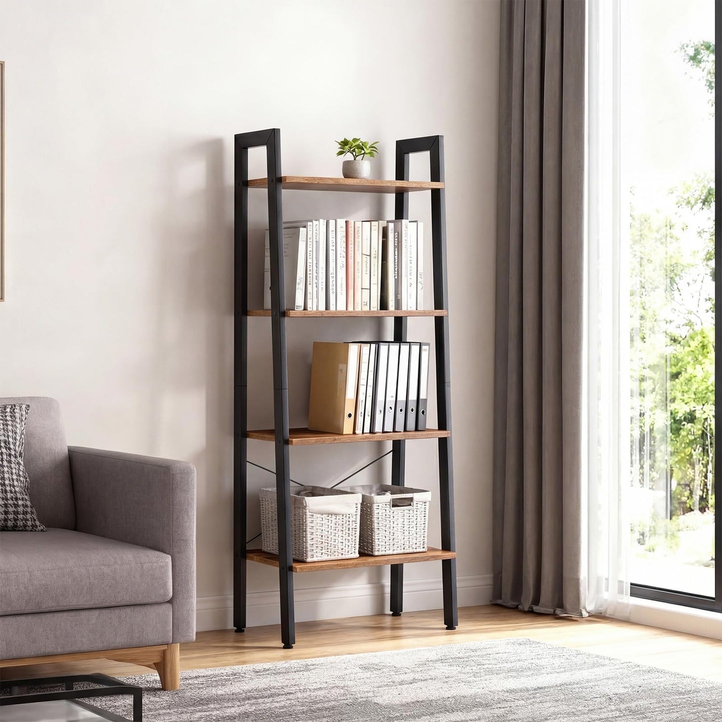 DUMOS Ladder Shelf, 4-Tier Display Bookshelf, Industrial Style Storage Standing Shelf, Decorative Shelves with Stable Frame for Living Room, Bedroom, Office, Kitchen, Bathroom, Brown