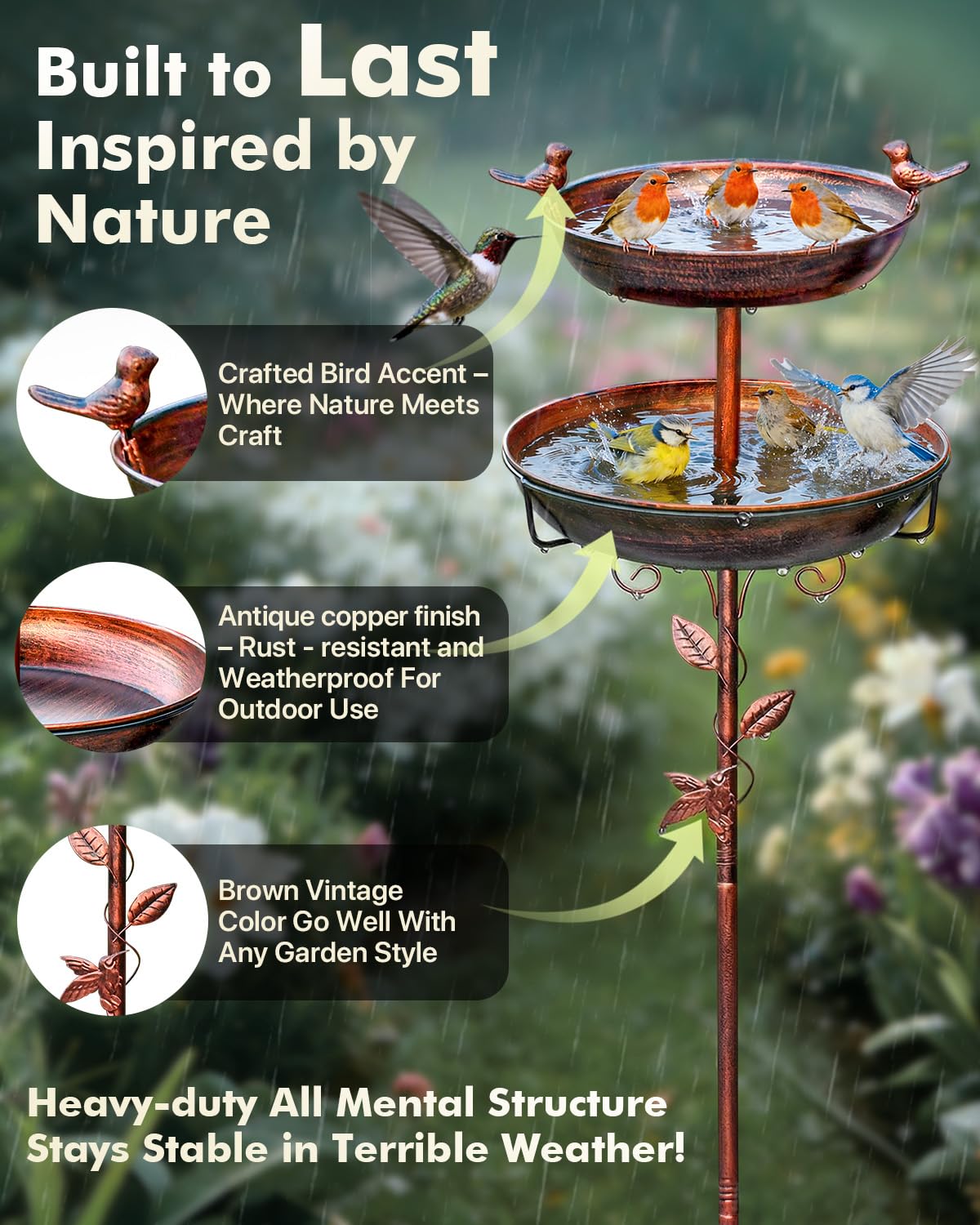 TLEYTOA Metal Bird Bath for Outside - Outdoor Garden Decor Birdbath 2-Tier Water Bowl with Copper Finish Stake Adjustable Height 45'' Tall for Yard