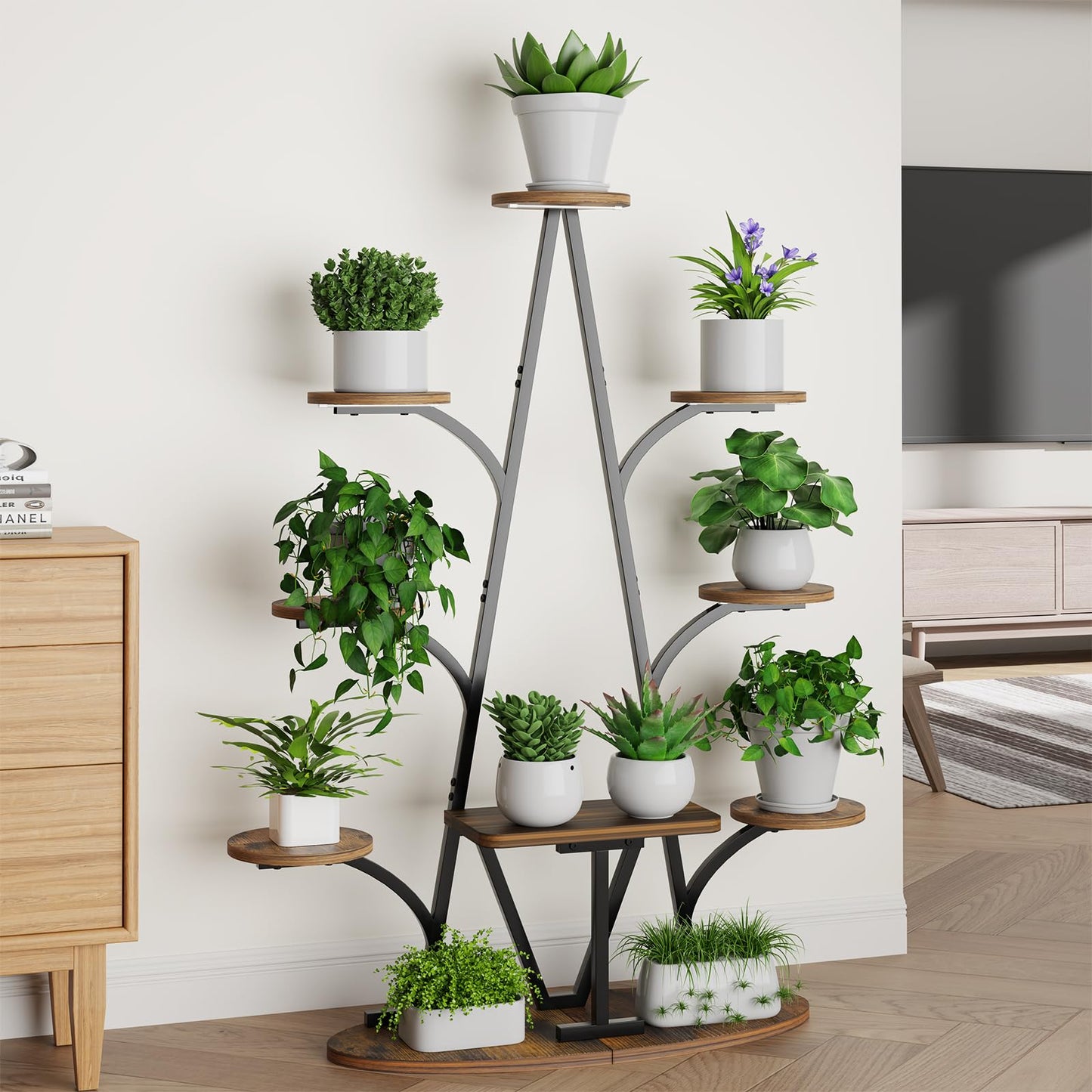 Plant Stand Indoor with Grow Lights - 51" Tall Christmas Tree-Shaped Corner Plant Shelf, 9 Tiered Metal Plant Rack with Adjustable Brightness & Timer, Sturdy Display Stand for Plants, Balcony Decor (Black)