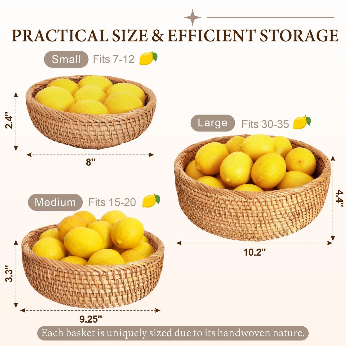 9.2" Medium Round Rattan Wicker Bread Basket, Natural Fruit Basket for Kitchen Counter, Hand Woven Food Baskets, Artisanal Bread Baskets for Serving, Fruit, Vegetable, Snack, key, Etc.