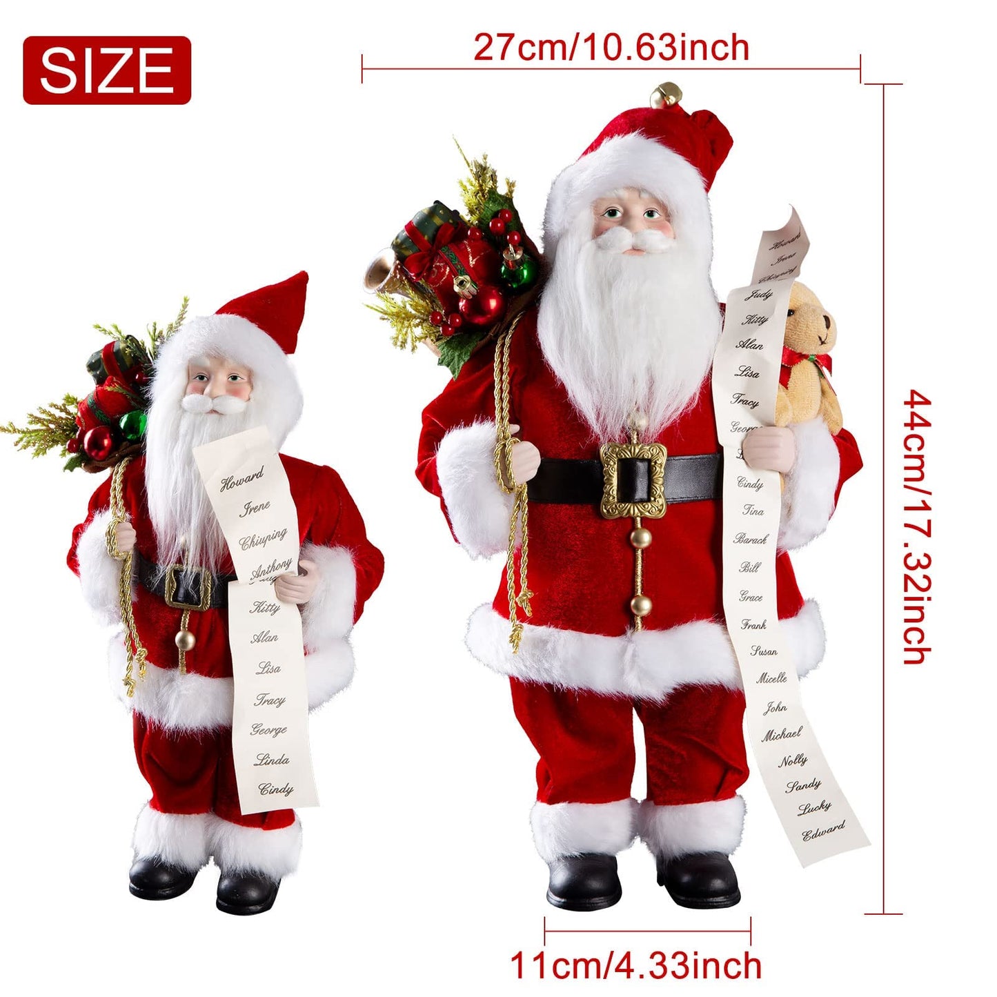 Uten Christmas Decorations, 18" Santa Clause Figurines Decorations, Christmas Socks and Gifts Bag Standing Home Party Holiday Decor and Birthday Gifts.