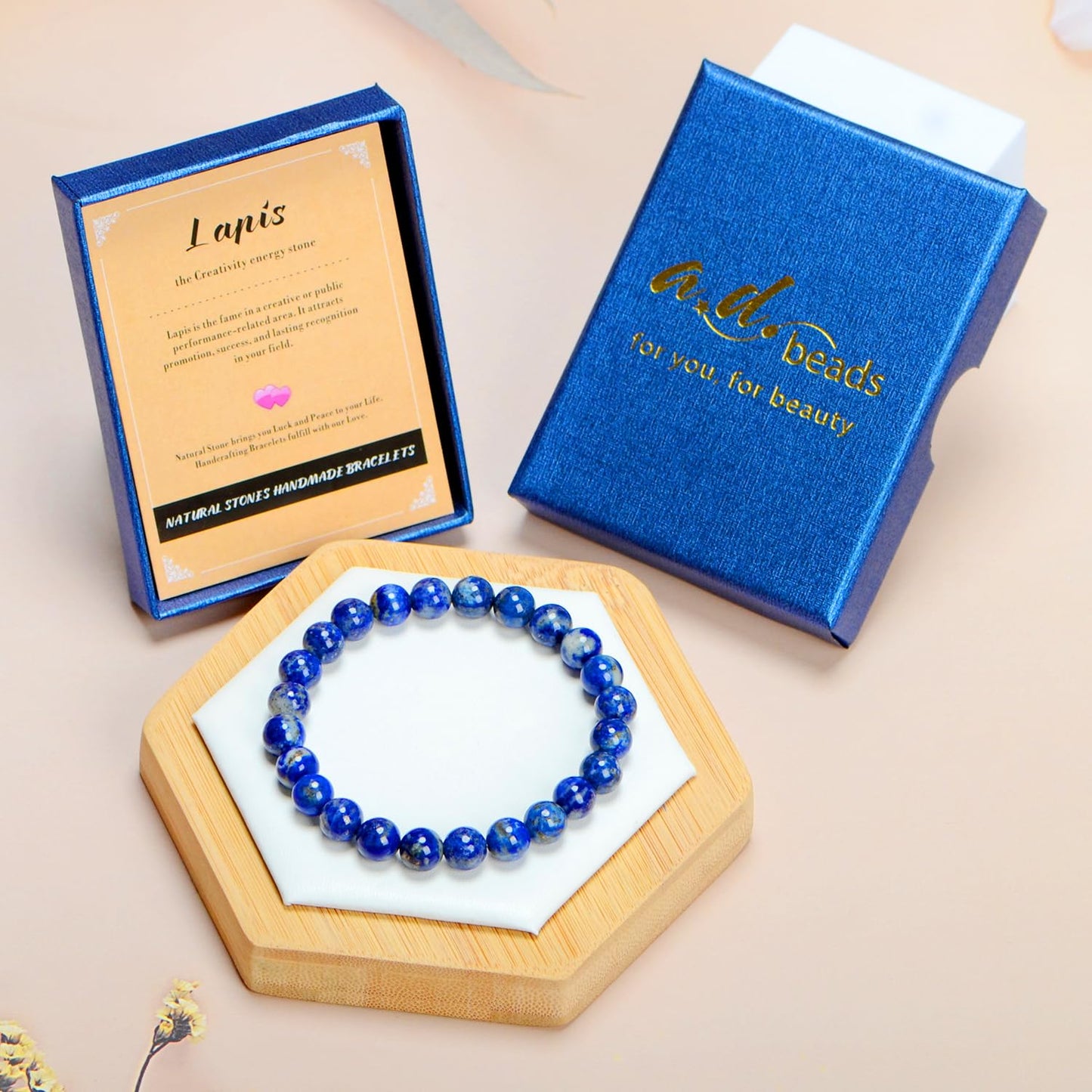 AD Beads Handmade Gemstone Stretch Elastic Bracelet Crystal Healing Reiki Nature's Beauty and Spiritual Essence Unisex (10mm, Lapis Lazuli)
