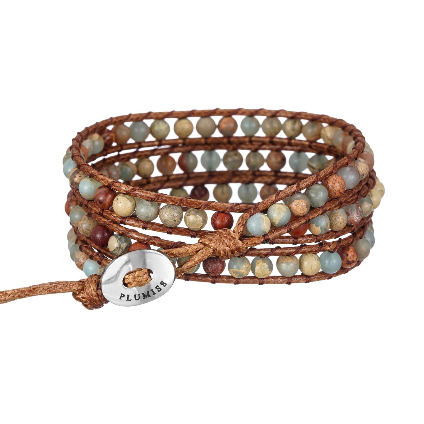 Plumiss Women Unique Natural Agalmatolite 4mm Bead Healing Stone 3 Wrap Bracelets Gift