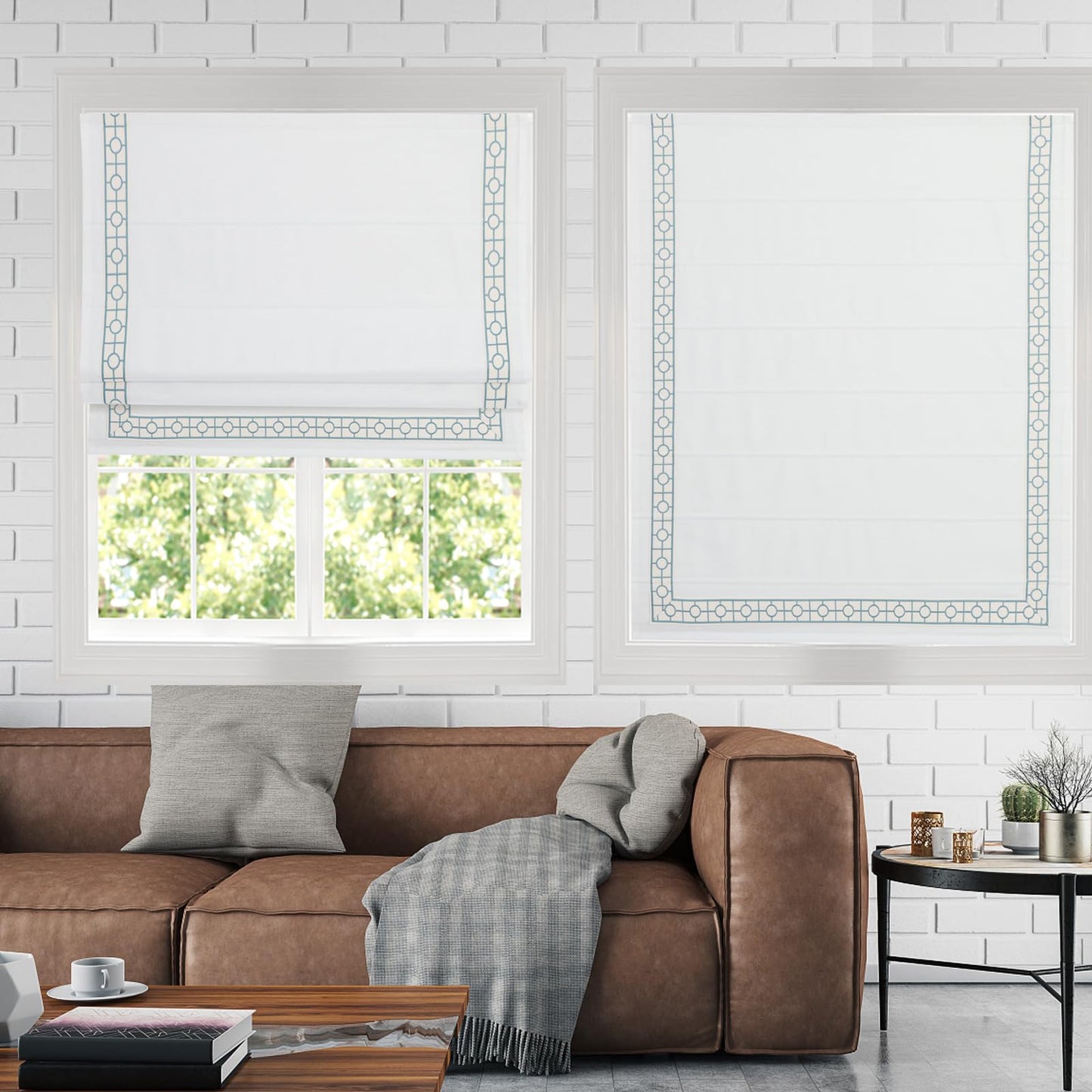 Cordless Roman Shades, Blackout Roman Shades, White Embroidered Blue Border Window Shades for Windows, Doors, Kitchen Windows