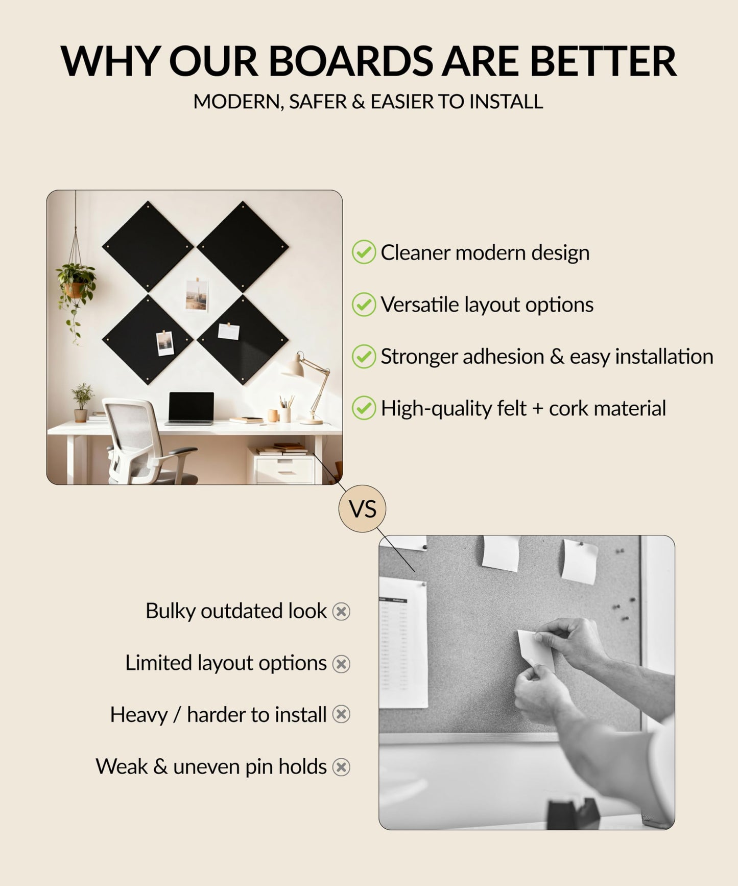 Large Felt Bulletin Board 48" x 36" with Push PINS & Wall Safe Adhesive Tabs – Modern Large Cork Board for Walls in Home or Office, Versatile Felt Board Layout, Cork Board, Vision Board, Dream Board