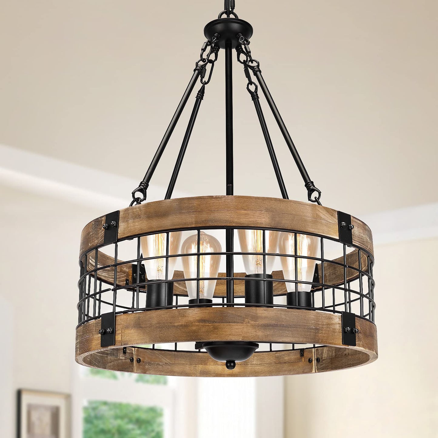 4-Light Rustic Chandelier for Entryway, Round Farmhouse Light Fixtures for Dining Room, Industrial Drum Hanging Pendant Lighting for Kitchen Island, Nature Wood Texture and Black Metal Finish