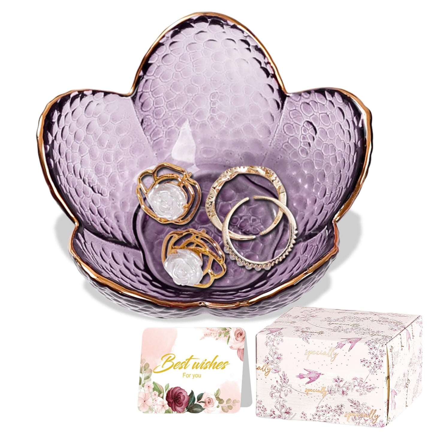 Purple Flower Jewelry Dish Glass Ring Holder Dish Jewelry Tray Cute Vanity Organizer Aesthetic Nightstand Bathroom Room Decor Trinket Dish Mothers Day Friendship Christmas Birthday Gifts for Women