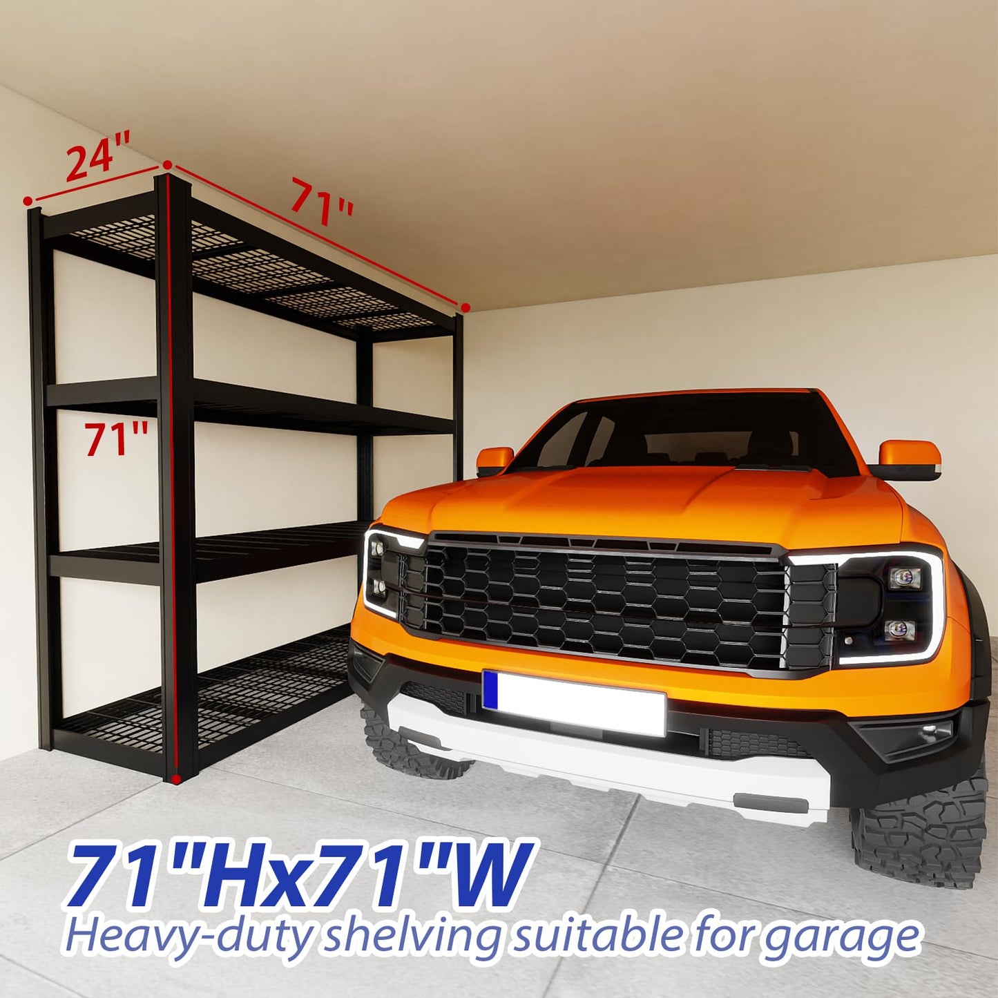 YWTA 71" Wx71 H Industrial Shelving,4000LBS Garage Storage Shelves,4 Tier Adjustable Metal Shelving,Heavy Duty Shelving for Factory, Garage,Warehouse,Barn (1)