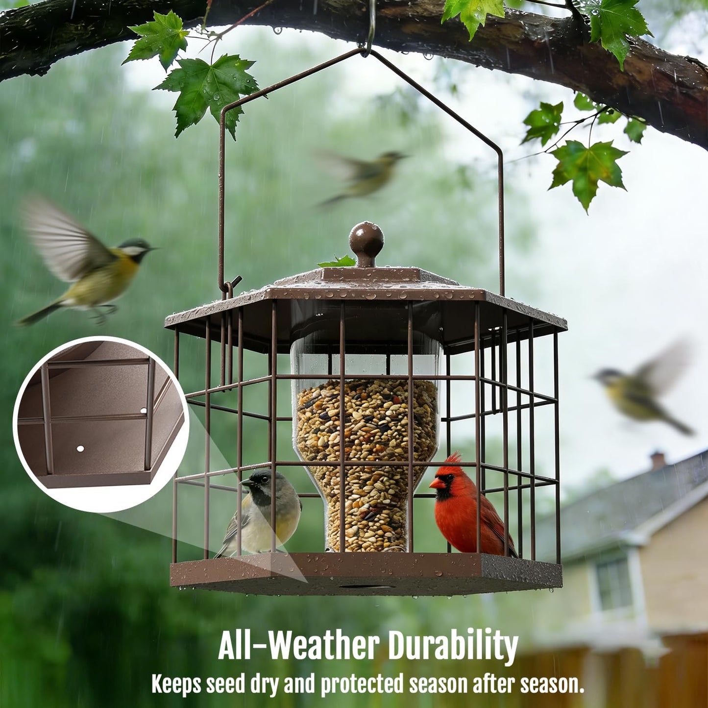 Birdream Squirrel Proof Bird Feeders for Outdoor Hanging, Metal Cage Bird Feeder with Rain Proof Covered for Wildbirds Bluebird Finches, Brown