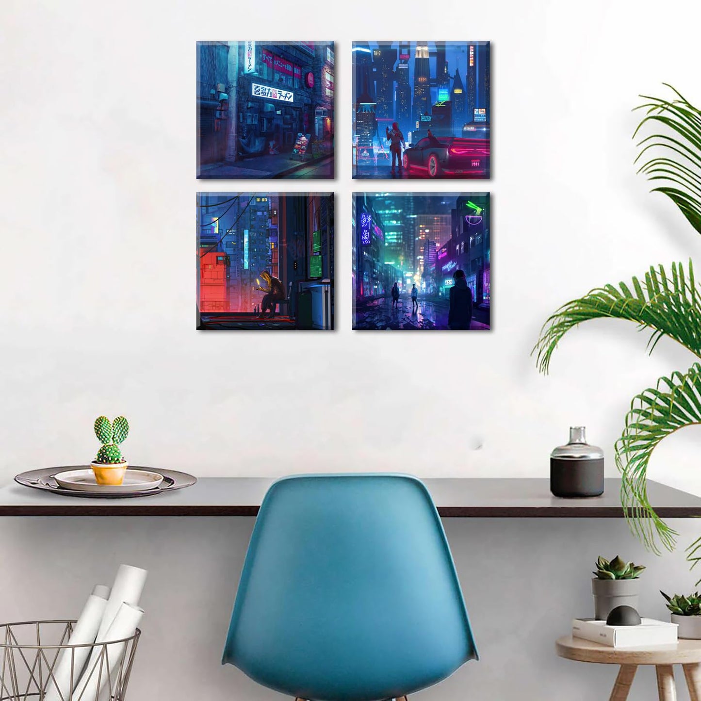 Japanese Anime Wall Art Cyberpunk Anime Posters for Bedroom Decor Tokyo Neon Night City Canvas Prints Gamer Wall Decor Modern Pop Gamer Posters for Boys Room Playroom Home Decorations 12x12 4Pcs
