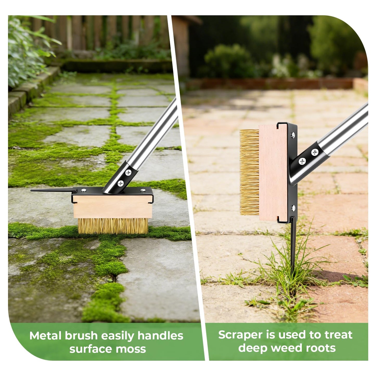 Crack Weeder Tool with 2 Brush Heads,5.1in Extended Metal Crevice Weeding Brush,Weed Moss Remover Tool for Weeding Between Concrete Pavers Decks,Weeding Puller Removal with Long Handle